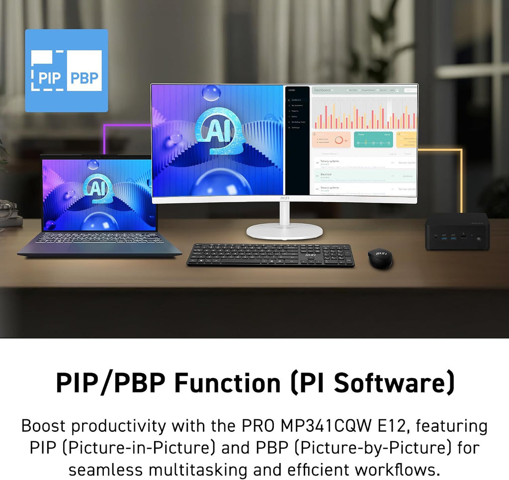 msi PRO MP341CQW E12 34-inch VA 3440 x 1440(UWQHD) Computer Monitor, 120Hz, Adaptive-Sync, HDMI, DisplayPort, VESA Mountable, Speaker, 1ms, White