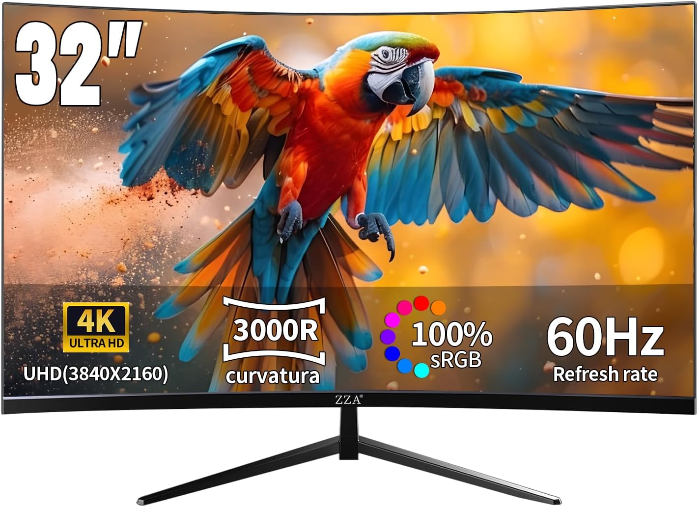 ZZA 32' 4K Curved Gaming Monitor - UHD（3840 * 2160） 60Hz Computer Monitor, Immersive Gaming Experience with Refresh Rate, VA Panel, 3000R and Adptsync Premium | HDR10 | 100% sRGB | 3840x2160
