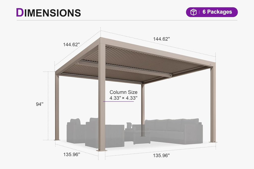 PURPLE LEAF Louvered Pergola 12' × 12' Outdoor Hardtop Gazebo Adjustable Aluminum Sun Shade for Deck Garden Backyard Patio Retractable Roof Canopy