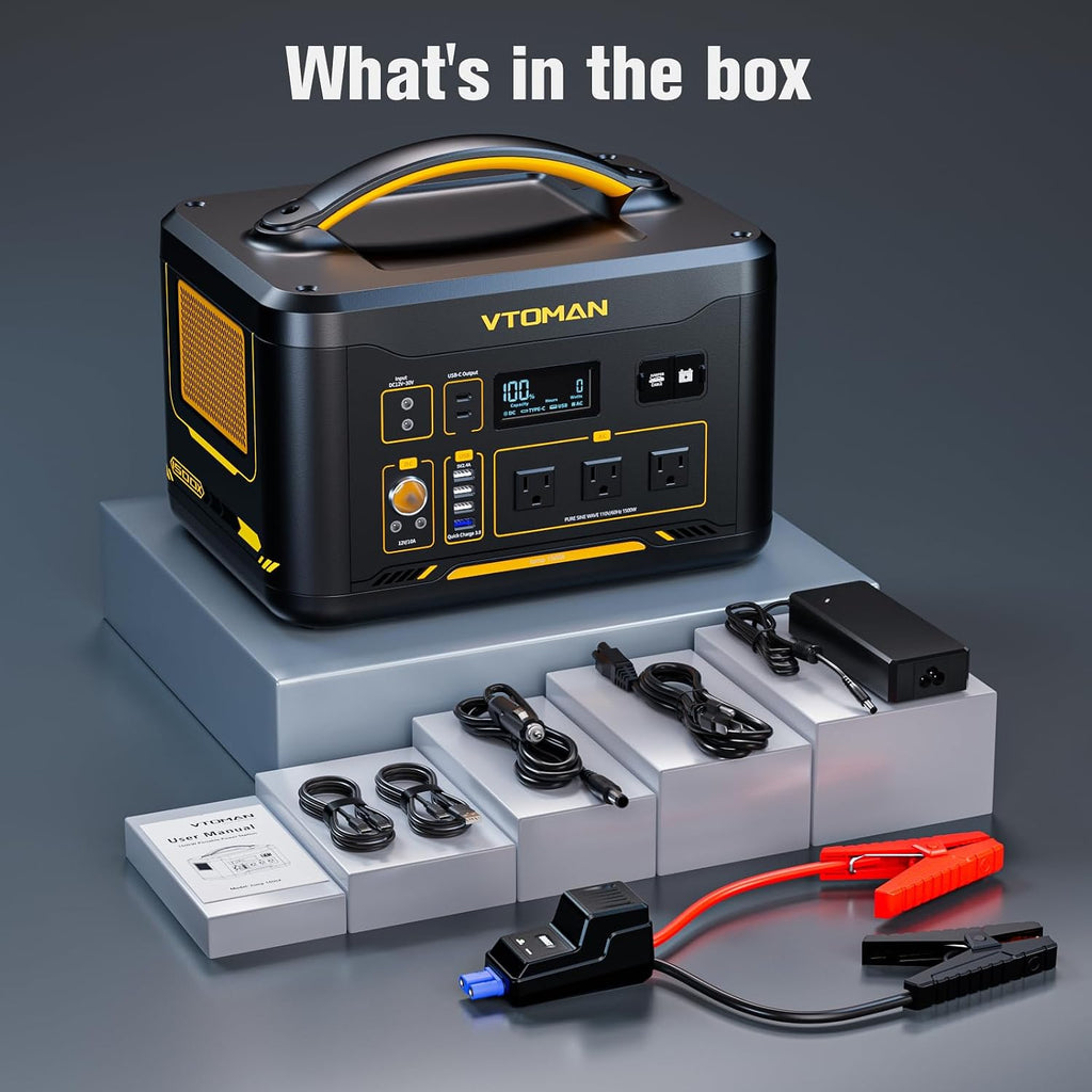 VTOMAN Jump 1500X Portable Power Station with Jumper Cables, 828Wh LiFePO4 Battery Solar Generator & Car Jump Starter, 1500W AC Outlet, 100W PD Type-C&Regulated DC for Home Backup Roadside Emergencies