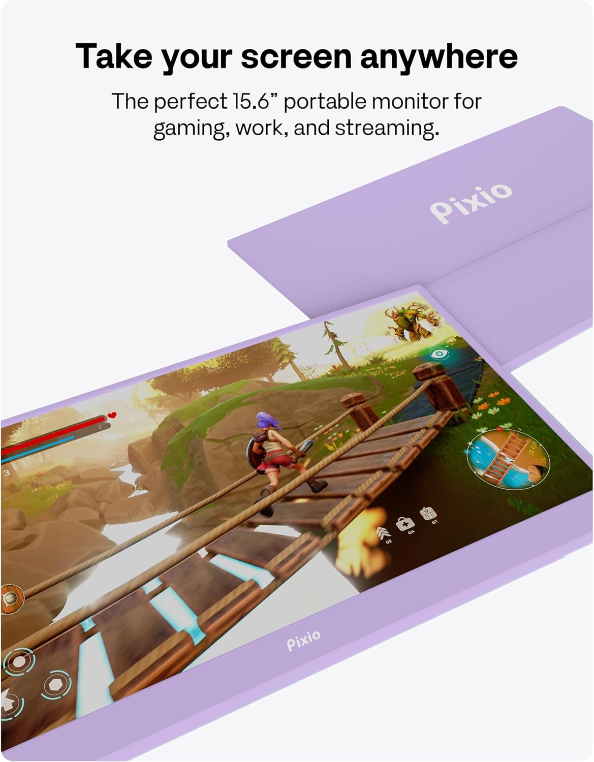 Pixio PX160 Wave Purple Portable Monitor 15.6 inch 60Hz FHD 1080p IPS Panel HDR Screen Cover Stand USB-C HDMI Laptop Screen Extender Portable Monitor for Laptop, PC, Console, Phone