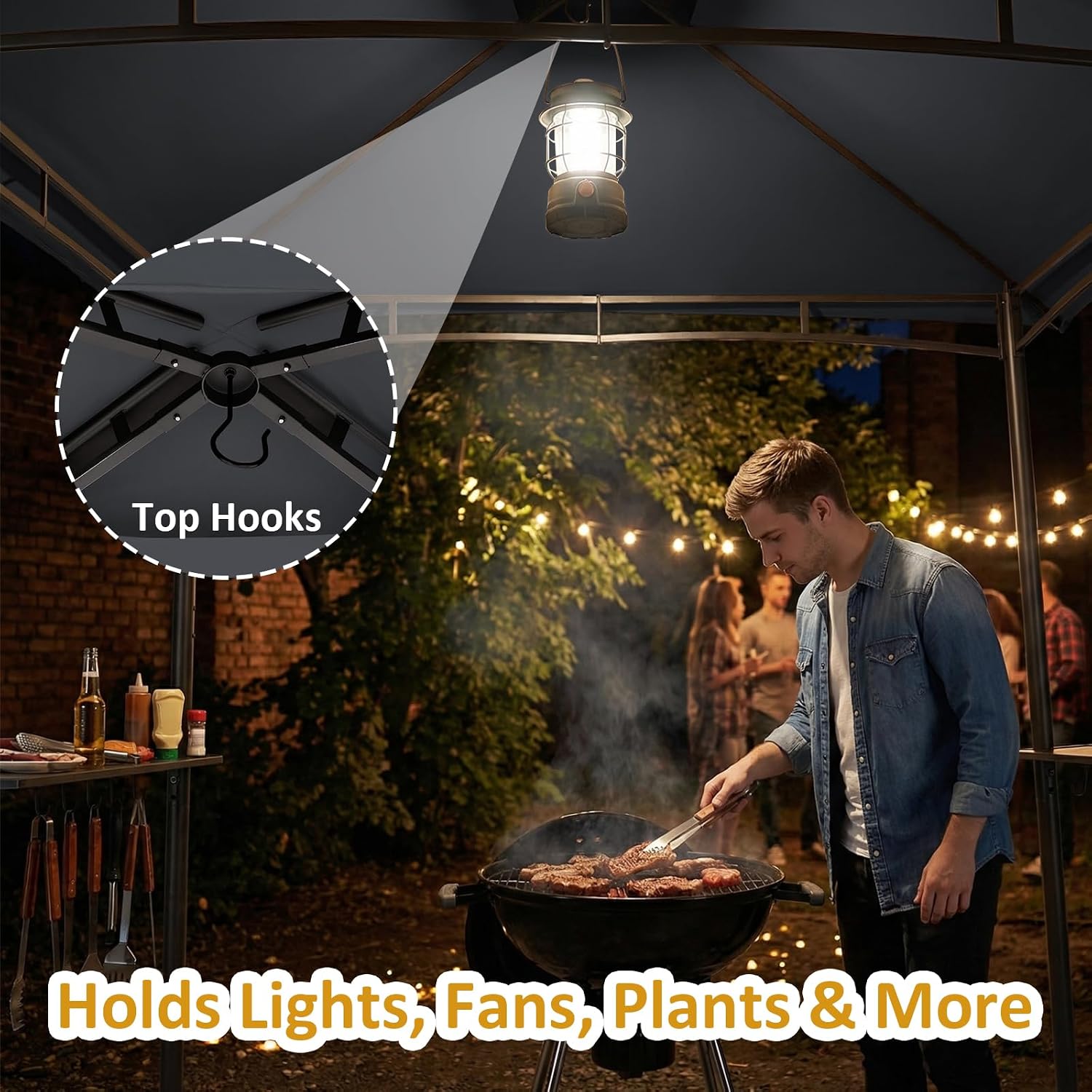 CHARMELEON 8x8 FT Grill Gazebo, Grill Canopy with Big Awning&2 Side Shelves&6 Hooks&Bottle Opener, Powder-Coated Steel BBQ Shelter for Patio Backyard Outdoor Grilling-Dark Gray