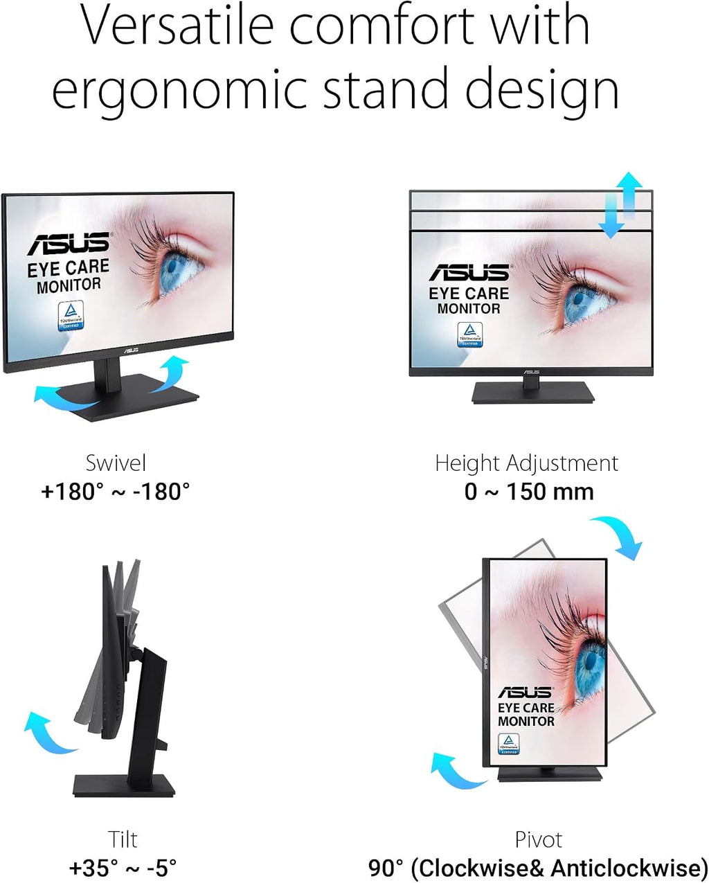 ASUS 27' 1080P Monitor (VA27EQSB) - Full HD, IPS, 75Hz, Adaptive-Sync, Speakers, Eye Care, Low Blue Light, Flicker Free, DisplayPort, HDMI, USB Hub, D-Sub, Frameless, Wall Mountable, Height Adjustable