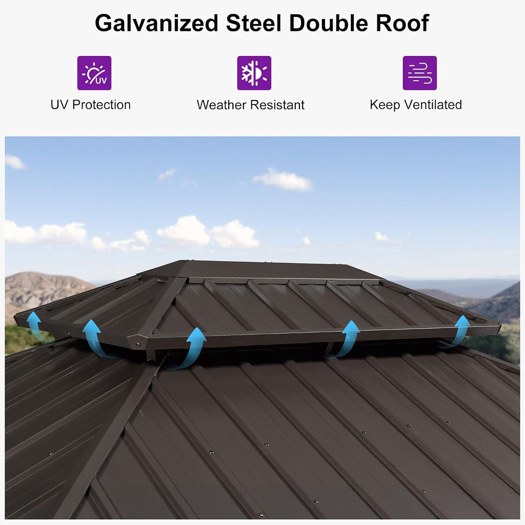 PURPLE LEAF 8' X 12' Outdoor Hardtop Gazebo Metal Frame Galvanized Steel Double Roof with Curtains and Nettings for Patio Desk Backyard Bronze