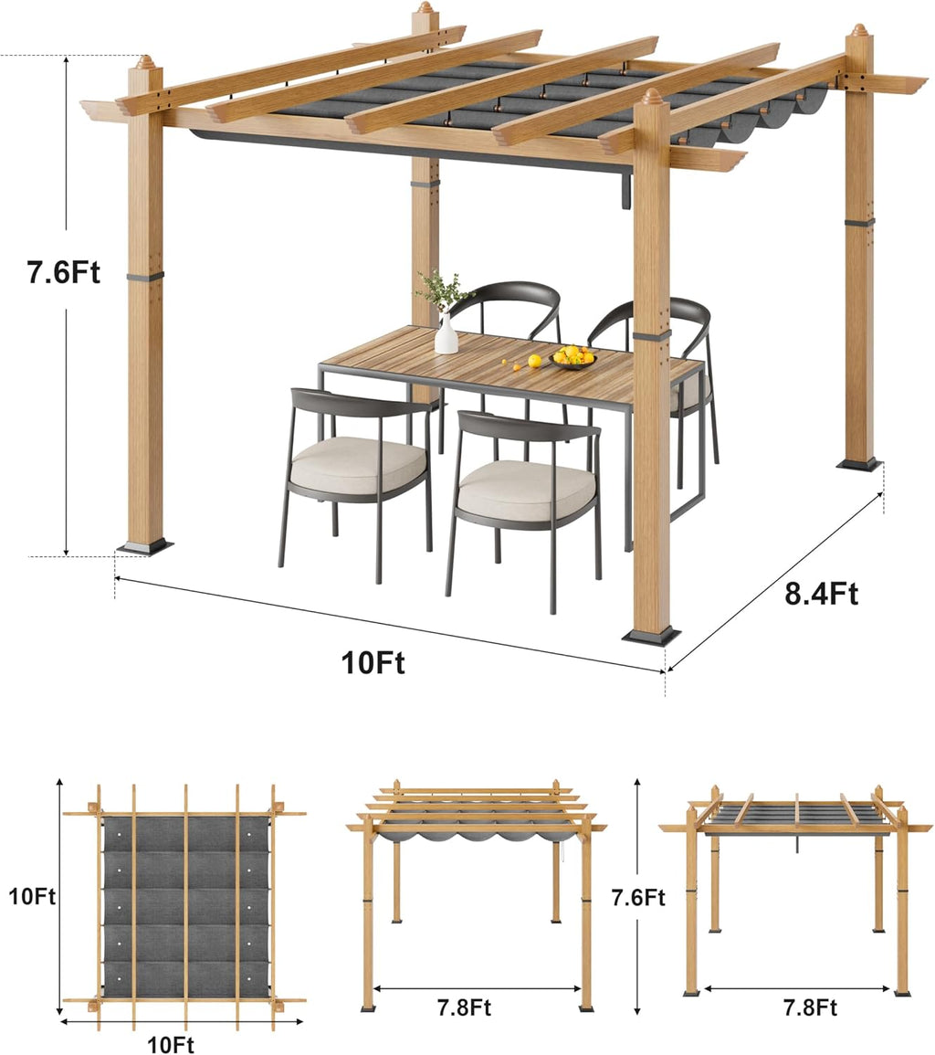 Garvee 10x10 ft Outdoor Pergola with Retractable Canopy – Upgraded Aluminum Faux Wood Grain Metal Patio Pergola for Modern Backyard Deck, Porch, Grape Trellis in Grey