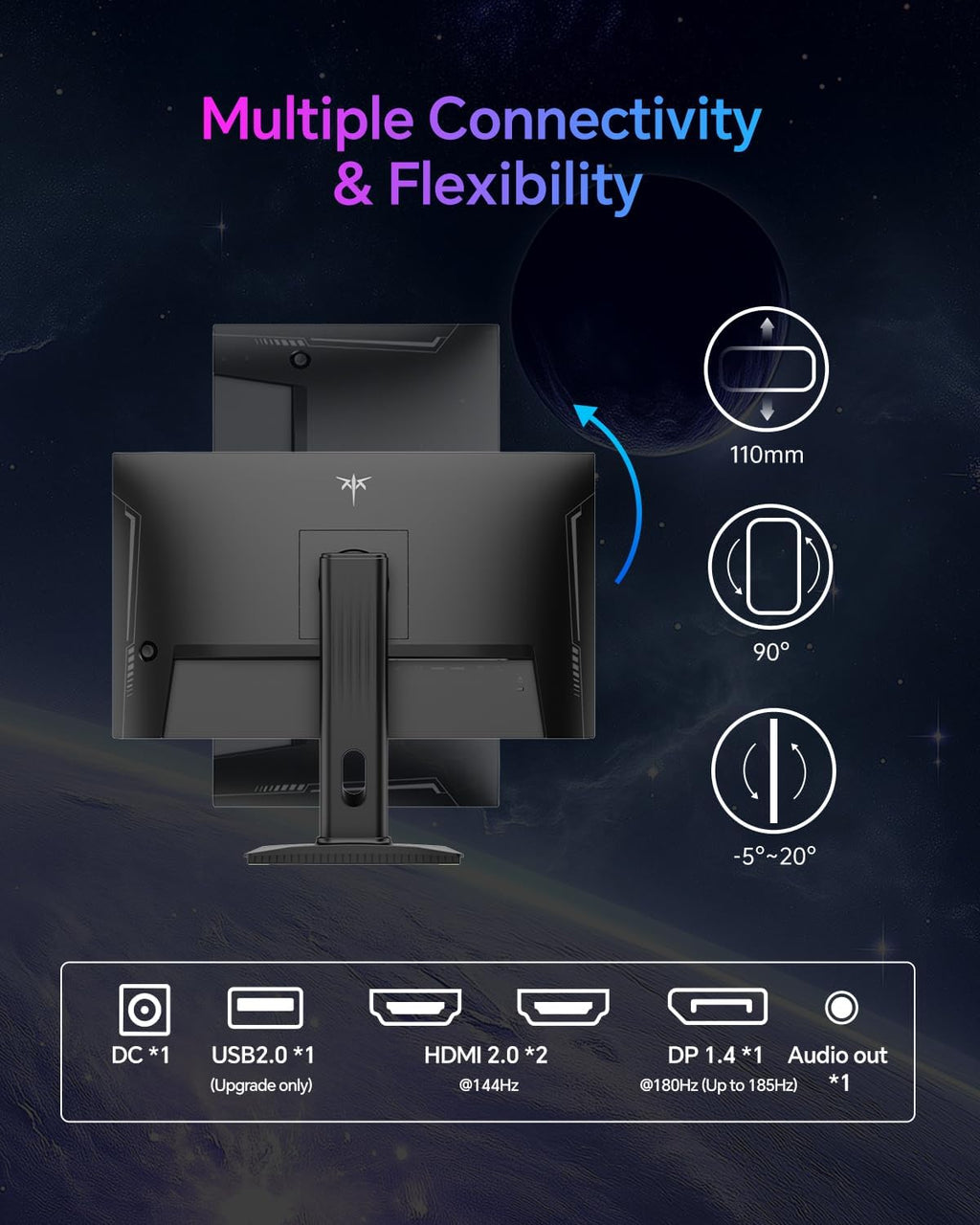 KTC 24 Inch Gaming Monitor 180Hz - 2K 1440P Computer Monitors, Fast IPS Monitor with HDR 400, Adaptive Sync, Up to 185Hz, HDMI 2.0 & Display Port 1.4, Height Adjustable, Vesa Mount, H24T7
