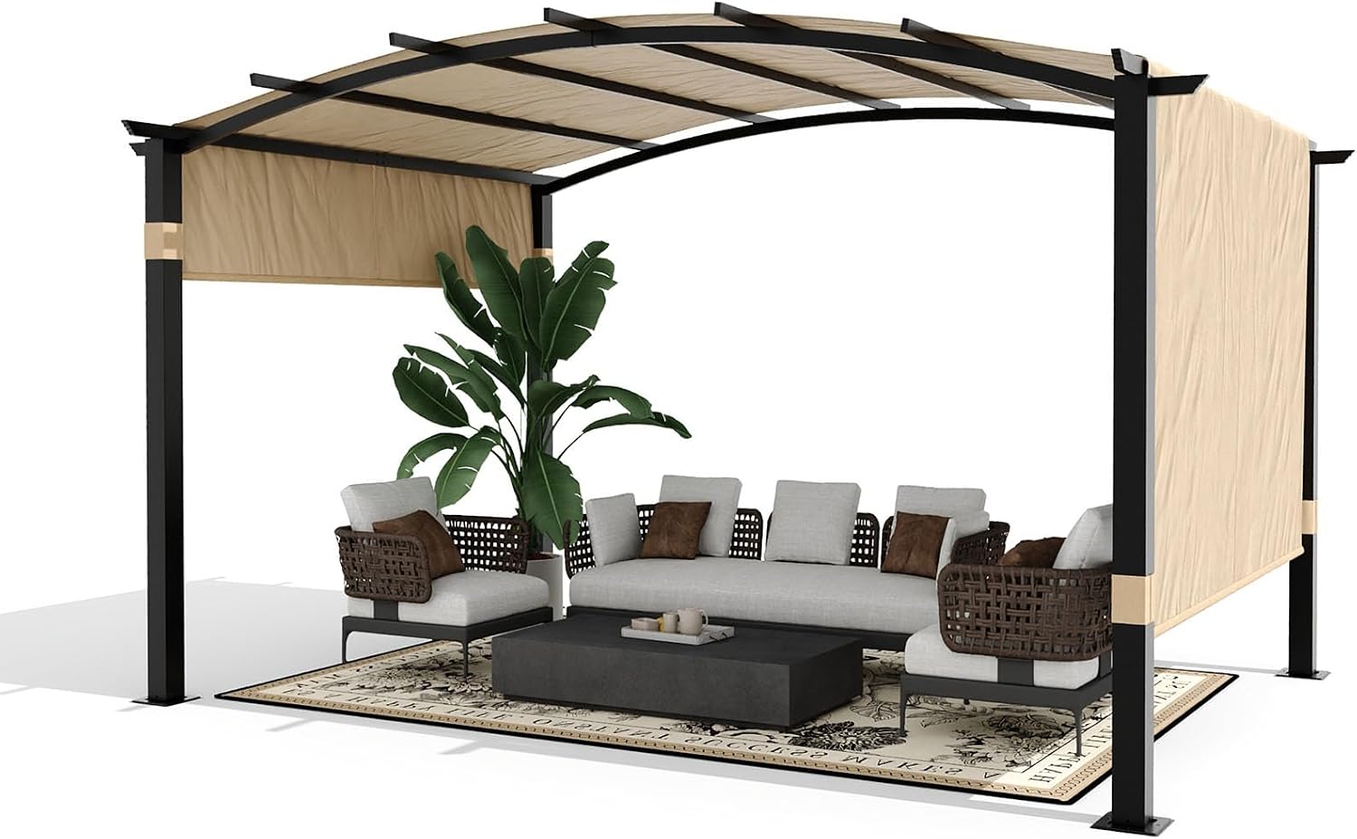 KYBOLT 12x9 Ft Arched Pergola Metal Gazebo with Retractable Canopy for Backyard Deck Garden Lawns Porch(Khaki)
