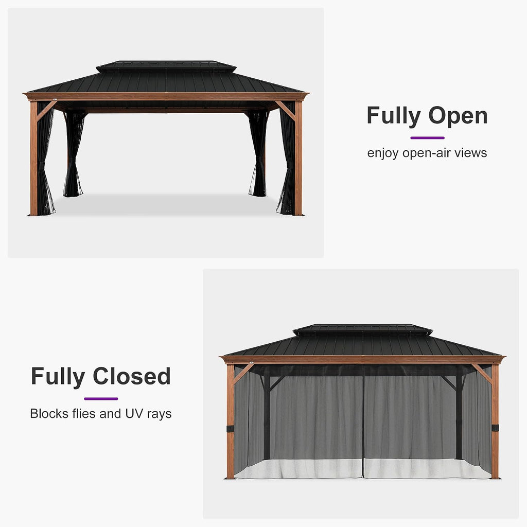 PURPLE LEAF 10' X 16' Outdoor Hardtop Gazebo for Patio Galvanized Steel Double Roof Permanent Canopy Teak Finish Coated Aluminum Frame Pavilion Gazebo with Netting and Lights