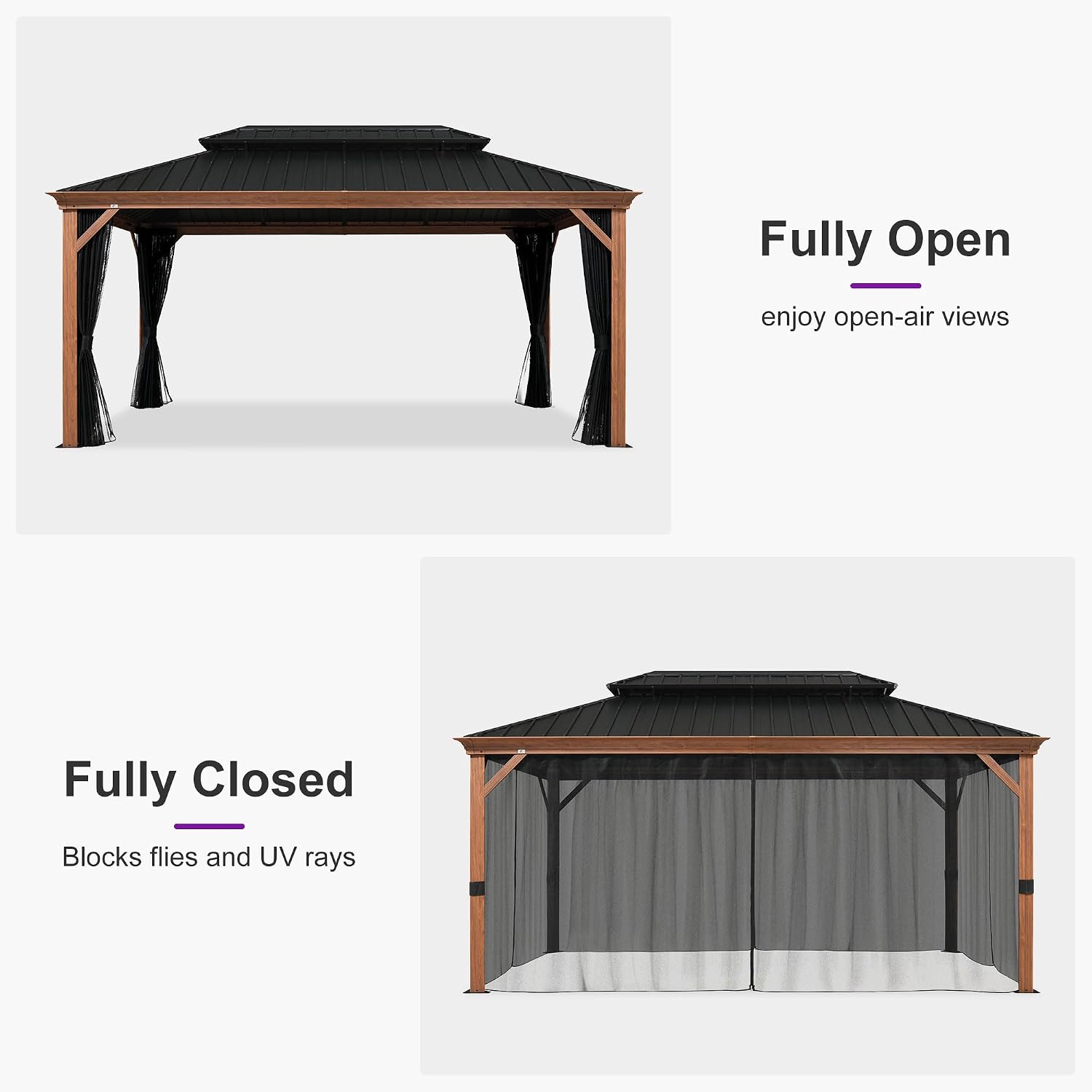PURPLE LEAF 10' X 16' Outdoor Hardtop Gazebo for Patio Galvanized Steel Double Roof Permanent Canopy Teak Finish Coated Aluminum Frame Pavilion Gazebo with Netting and Lights