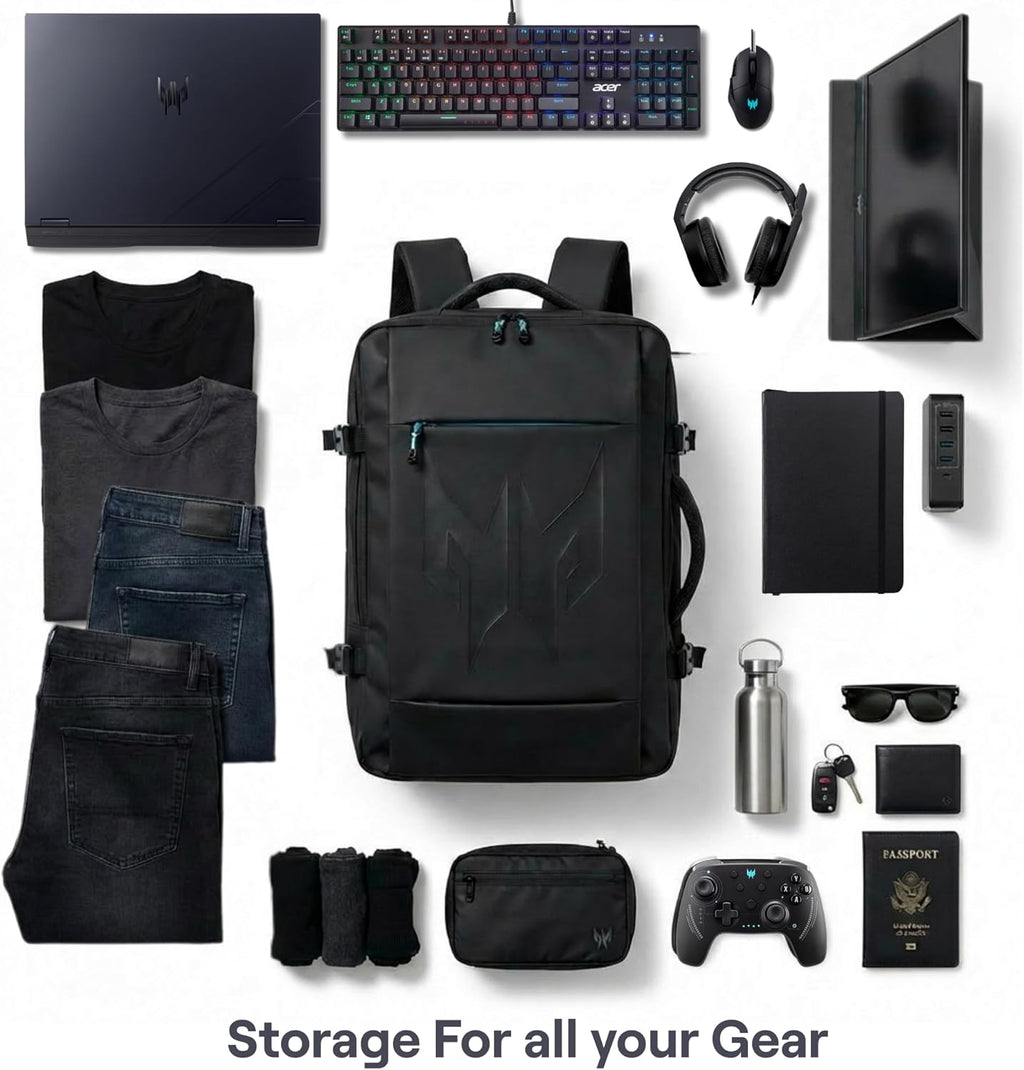 acer Predator Robust Gaming Laptop Backpack - Fits 18' Laptops with Expandable 30L Capacity - Water-Repellent TSA-Friendly 3-Compartment Design with Anti-Theft Pocket Ideal for Tournaments and Travel