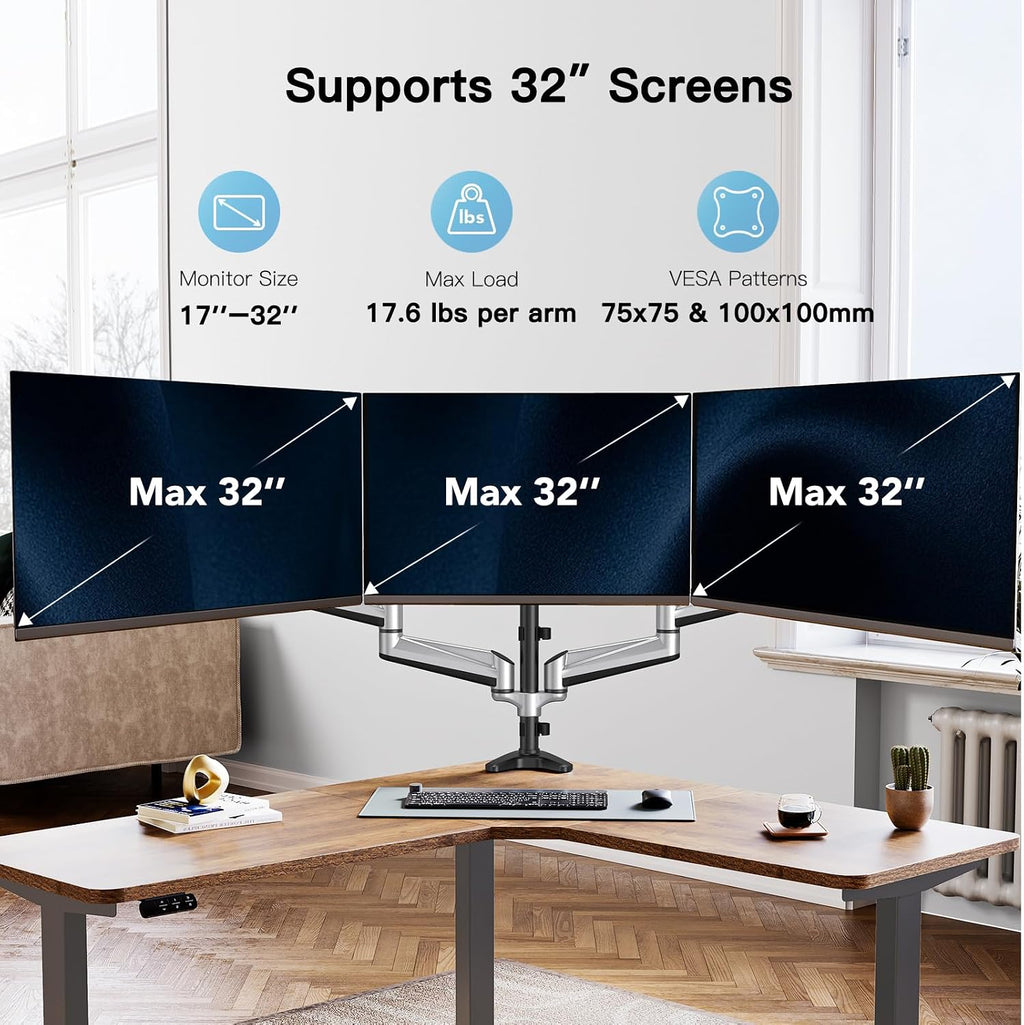 HUANUO Gaming Triple Monitor Stand, Full Motion Articulating Triple Monitor Mount Fit 17 to 32 inch Flat/Curved LCD Computer Screens with Clamp, Grommet Kit, Silver
