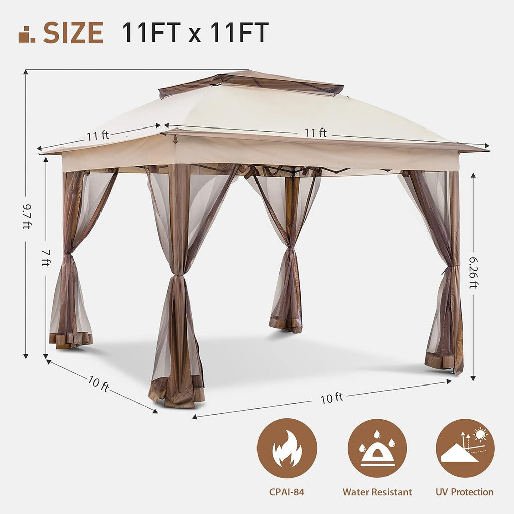 Joyside 11'x11' Pop Up Gazebo for Patio With Sidewalls and Mosquito Netting - Outdoor Canopy Shelter Tent for Weddings (Beige)