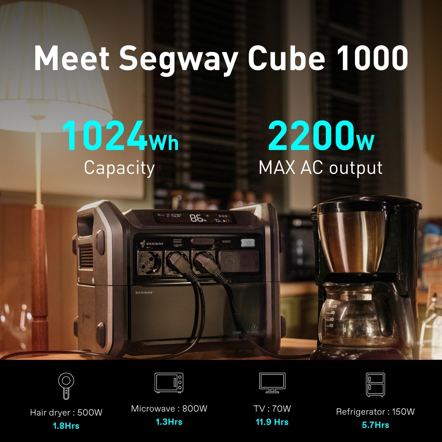 Segway Portable Power Station Cube 1000, 2200W AC Outlets, 1024Wh LiFePO4 Battery, Expandable Battery Capacity up to 5kWh Solar Generator for Camping, Home Backup, Power Outages, Off-grid