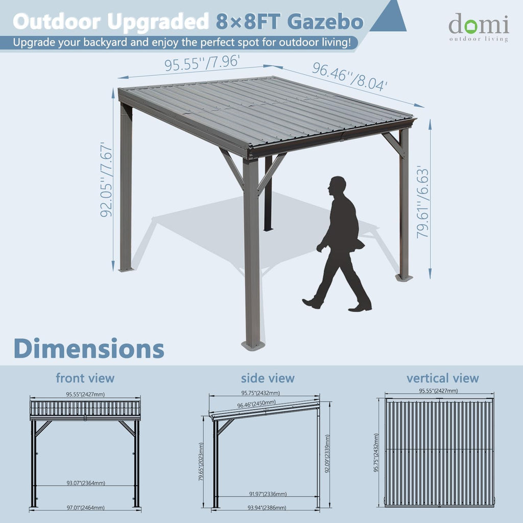 Domi 8' x 8' Wall-Mounted Hardtop Gazebo Pergola – Permanent Lean-to Outdoor Shelter with Sloped Galvanized Steel Roof & Upgraded Drainage – Grey Metal Patio Cover for Backyard, Deck, Garden