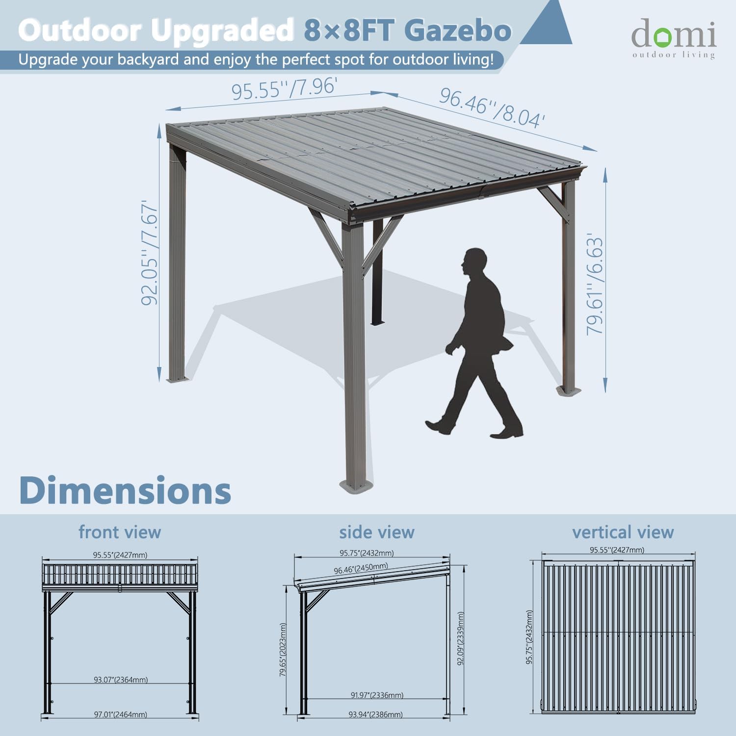 Domi 8' x 8' Wall-Mounted Hardtop Gazebo Pergola – Permanent Lean-to Outdoor Shelter with Sloped Galvanized Steel Roof & Upgraded Drainage – Grey Metal Patio Cover for Backyard, Deck, Garden