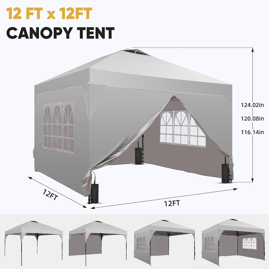 12x12 Pop Up Canopy Tent with One Push Setup, Outdoor Sun Shade Canopy with Vent Top for Backyard Party, Easy Up Instant Shelter with 4-Sandbags & Wheel Bag, White.