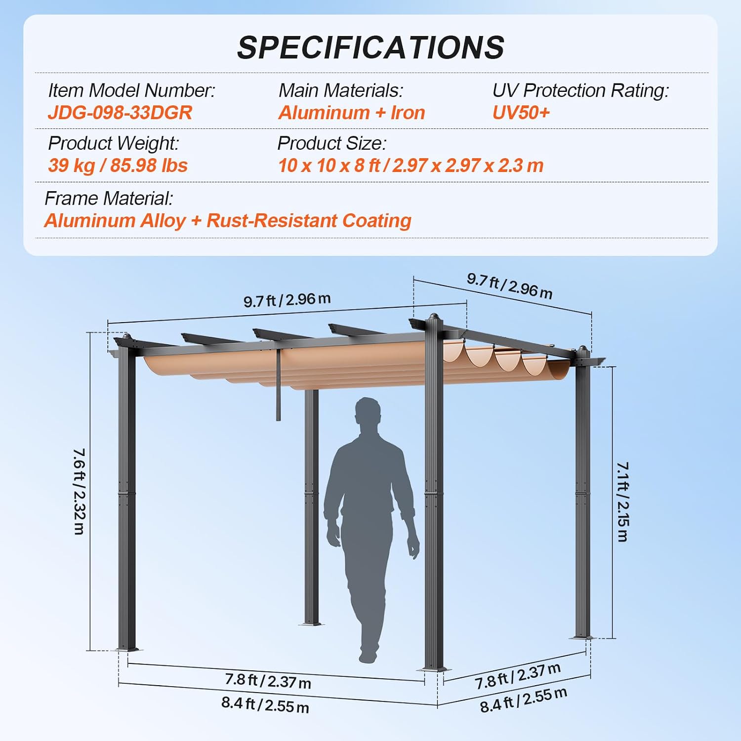 VEVOR 10'x10' Outdoor Retractable Pergola with Canopy, Aluminum Pergola with Retractable Canopy, Modern Style, Sun Shade for Patios, Gardens, Decks, Backyards (Beige)