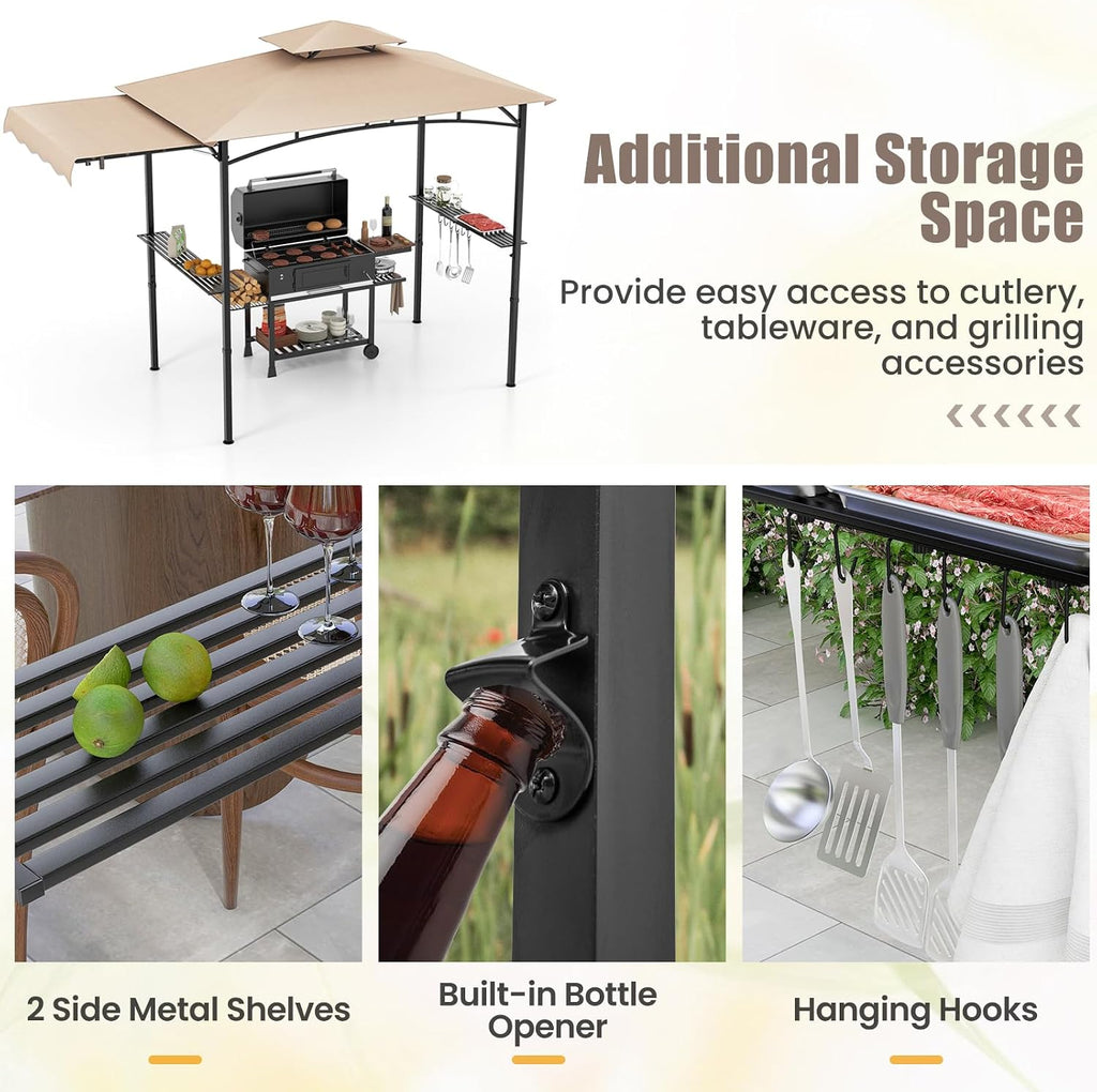 HAPPYGRILL Outdoor Grill Gazebo Canopy 11 x 5 FT, Barbecue Canopy with Double-Tiered Top, 2 Side Shelves, Hanging Hooks, Bottle Opener, Metal Frame, BBQ Grilling Shelter