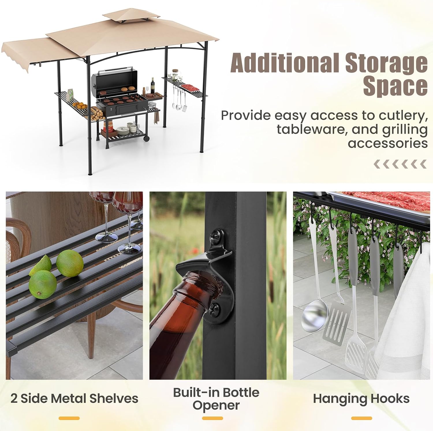 HAPPYGRILL Outdoor Grill Gazebo Canopy 11 x 5 FT, Barbecue Canopy with Double-Tiered Top, 2 Side Shelves, Hanging Hooks, Bottle Opener, Metal Frame, BBQ Grilling Shelter