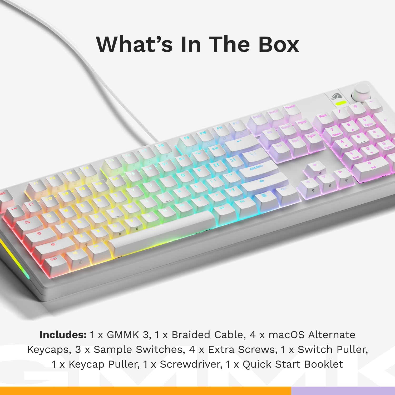 Glorious Gaming - GMMK 3 Custom Mechanical Gaming Keyboard with Knob, 100% Keyboard Full Size, Modular Gasket System, Doubleshot PBT Keycaps, Aluminum Switch Plate, Hotswappable Switches, ANSI (White)