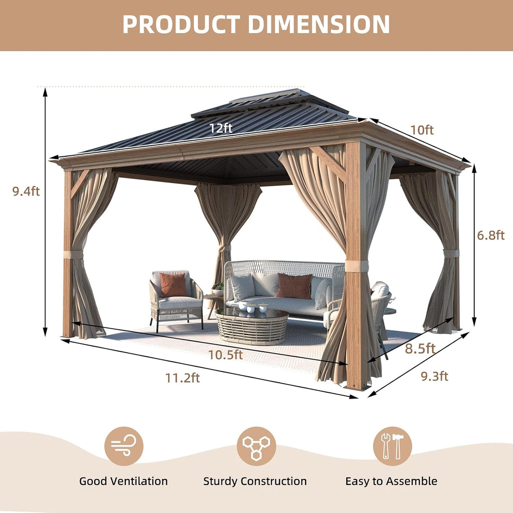 MELLCOM 10' x 12' Hardtop Gazebo, Wooden Finish Coated Aluminum Frame Gazebo with Galvanized Steel Double Roof, Outdoor Permanent Metal Pavilion with Curtains and Nettings for Patio, Lawn & Garden