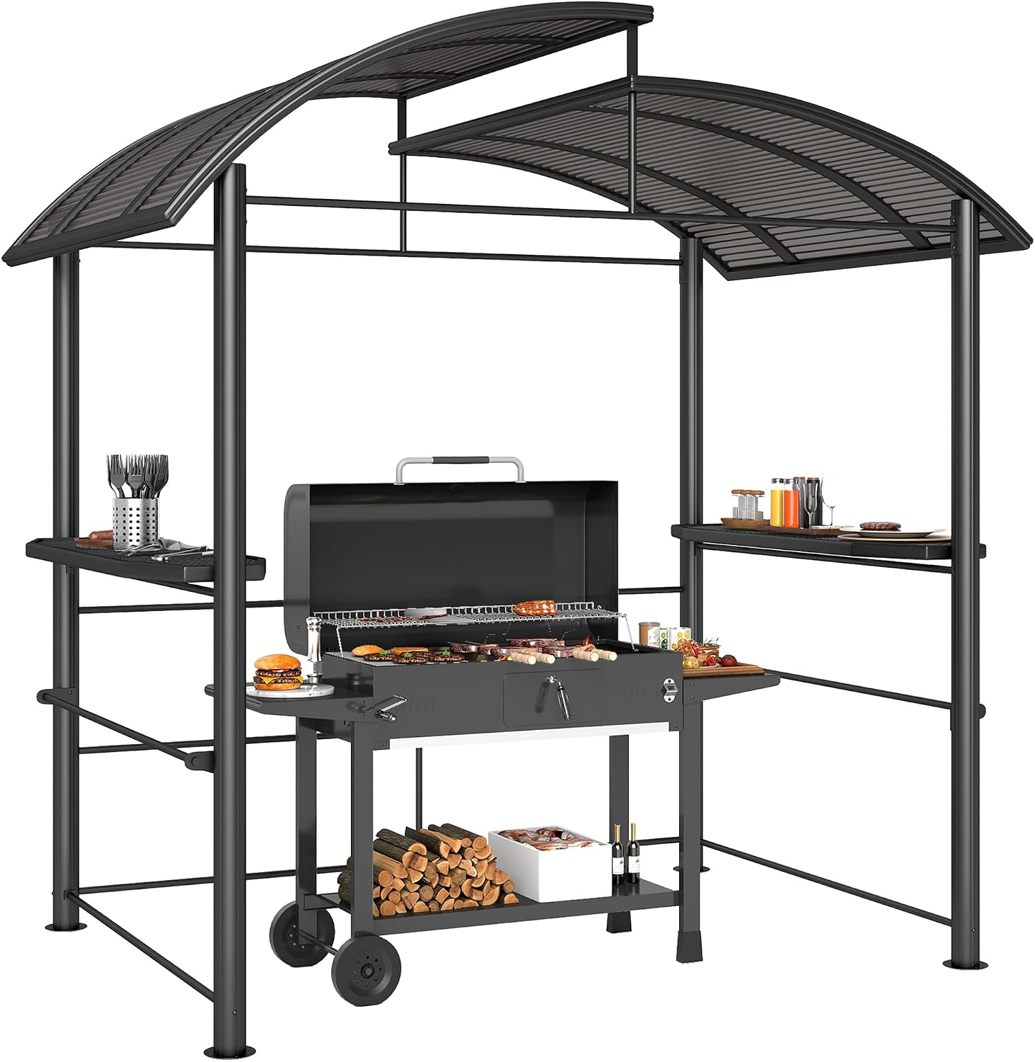 Outsunny 8' x 5' Grill Gazebo Shelter with Interlaced Vented Polycarbonate Roof, Outdoor BBQ Canopy with Side Shelves, Steel Frame for Garden, Patio, Backyard, Dark Gray