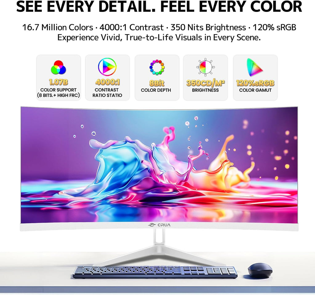 CRUA 34 Inch Ultrawide Curved Monitor, 21:9 UWQHD 3440x1440 100Hz 3800R IPS White Computer Monitors, FreeSync, Built-in Speakers, 120% sRGB, Blue Light Filter, HDMI 2.0 & DP 1.4, Wall Mountable