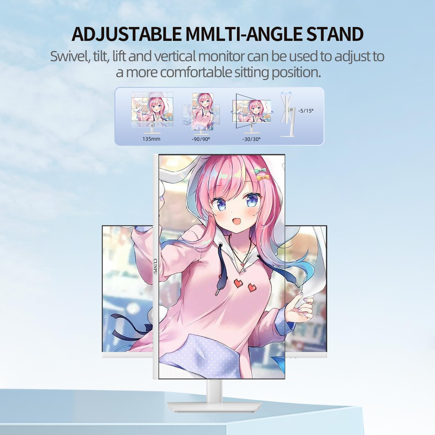 CUNPU 27 Inch White 180/200Hz Gaming Monitor, QHD 2560x1440 Fast IPS PC Monitor, Adaptive Sync, 100% sRGB, HDR10, Built-in Speaker, Height/Swivel/Tilt/Rotating Adjustable Stand, HDMI, Displayport