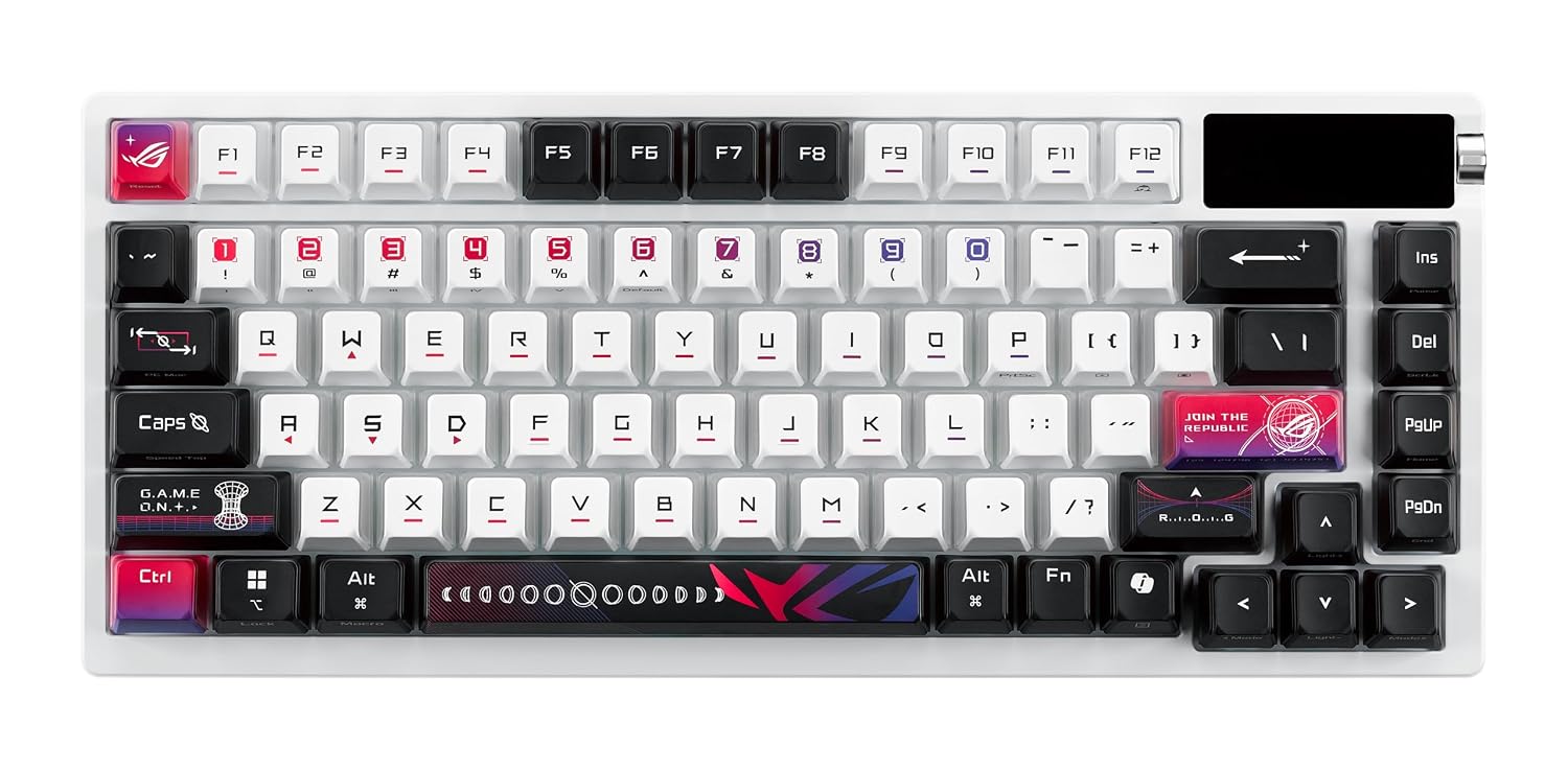 ROG Azoth X 75% custom gaming keyboard, hot-swappable Storm V2 Switches, gasket mount, dampening foam, FR4 plate, south-facing PCB, tri-mode connection, OLED display, control knob, wrist rest, Mac