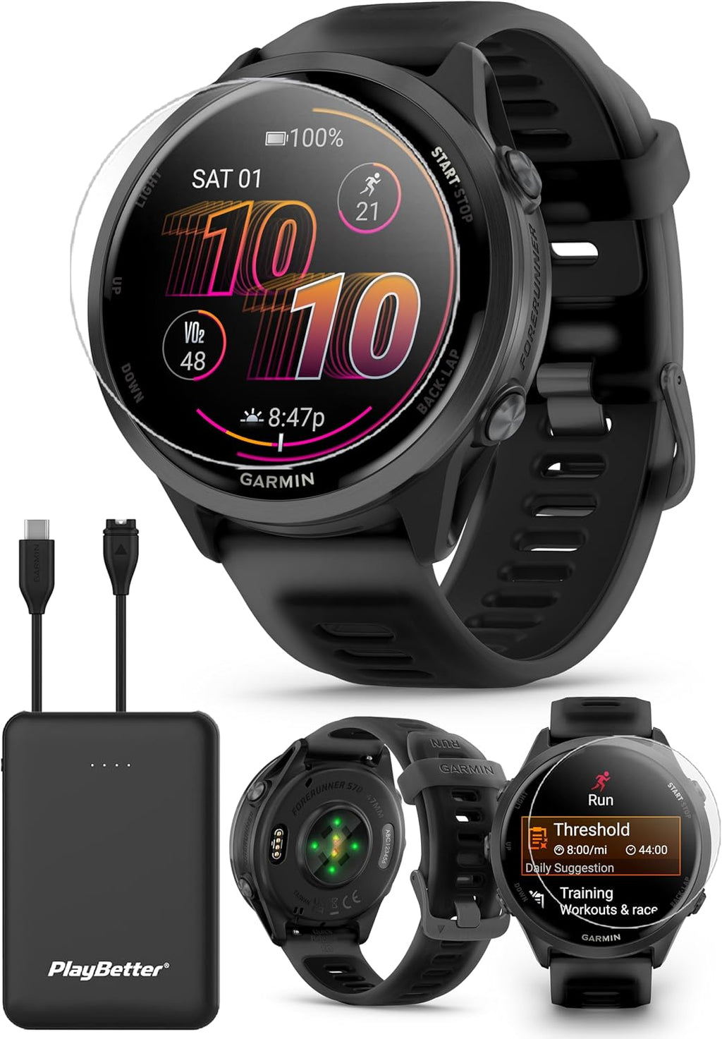 PlayBetter Garmin Forerunner 570 (47 mm, Slate Gray/Translucent Black) Running GPS Smartwatch - AMOLED Display, Training & Recovery - Bundle Portable Charger & HD Screen Protectors