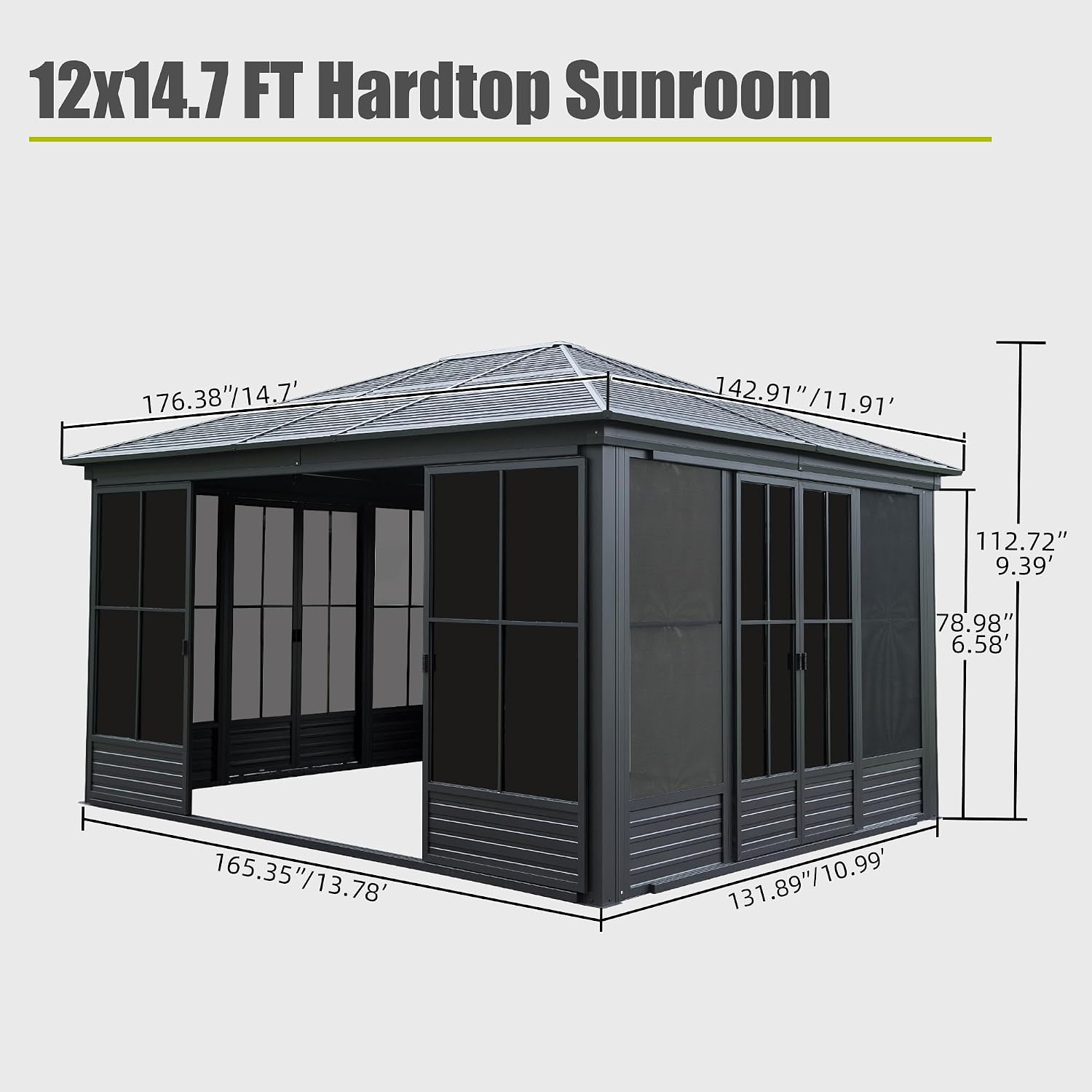 Domi 12x15FT Sunroom Gazebo with 4 Sliding Doors on All Sides, Aluminum Patio Solarium Sunroom Kit All Season, Freestanding Enclosed Gazebo with Galvanized Steel Roof and Movable PVC Windows