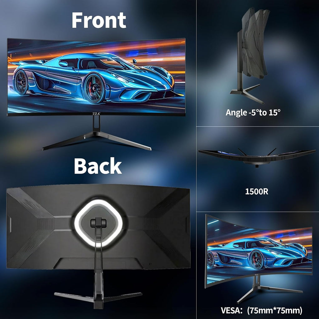 ZZA 34 Inch Curved Gaming Monitor, 3440x1440 UltraWide WQHD 240Hz, 1ms, Adaptive-Sync, HDR Display, 1500R, Bezel-Free Design, Eye Care, VESA Mount, for Gaming, Work, Streaming, Coding, Home Office