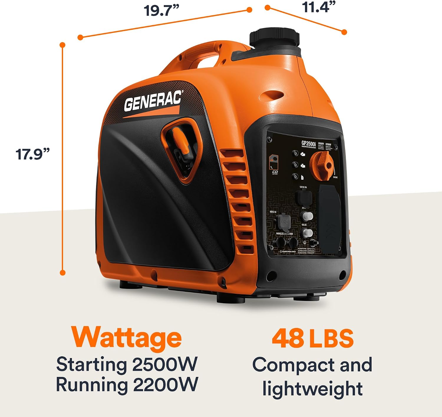 Generac 2,500-Watt Gas Powered Portable Inverter Generator - Lightweight and Compact Design - Produces Clean, Stable Power - Quiet Operation - Great for Home Backup, Camping, and RV Use