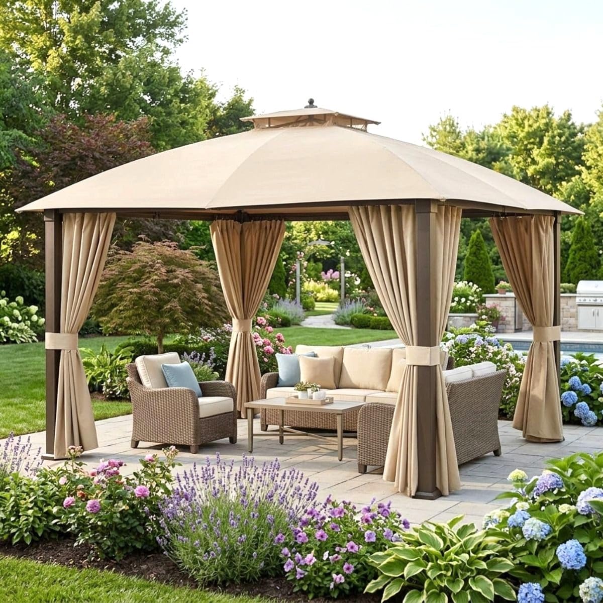 Garden Winds Durable Replacement Privacy Curtain Set Compatible with The A101007600, A101007603, A101007604 Broyhill Eagle Brooke Ashford Asheville 10' x 12' Gazebo, Classic Sand, 350