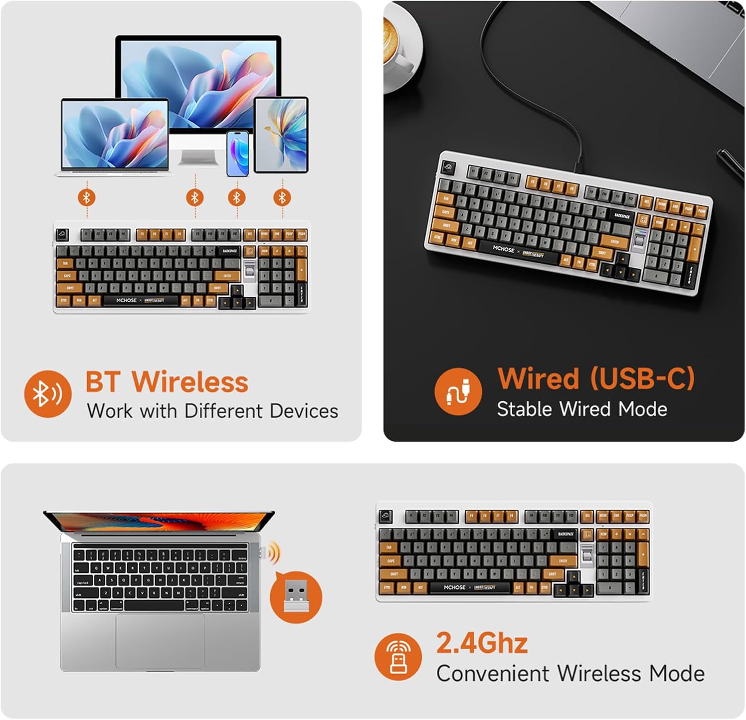 MCHOSE UT98 Wireless Mechanical Keyboard Compact Gaming Keyboard with Knob Tri-Mode Connection Hot Swappable Custom Creamy Keyboard Gasket Structure Pre-lubed Linear Switches RGB Retro ICY
