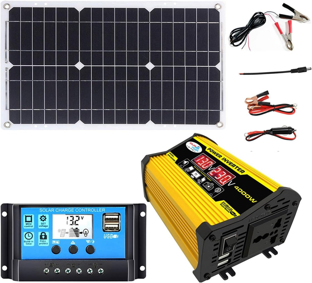 4000W 12V to 110V/220V Solar System Combination Inverter Solar Panel Kit Solar Generator Home Grid System 30A Controller + 18w12v Solar Panel (Color : Yellow, Size : 12V-220V)