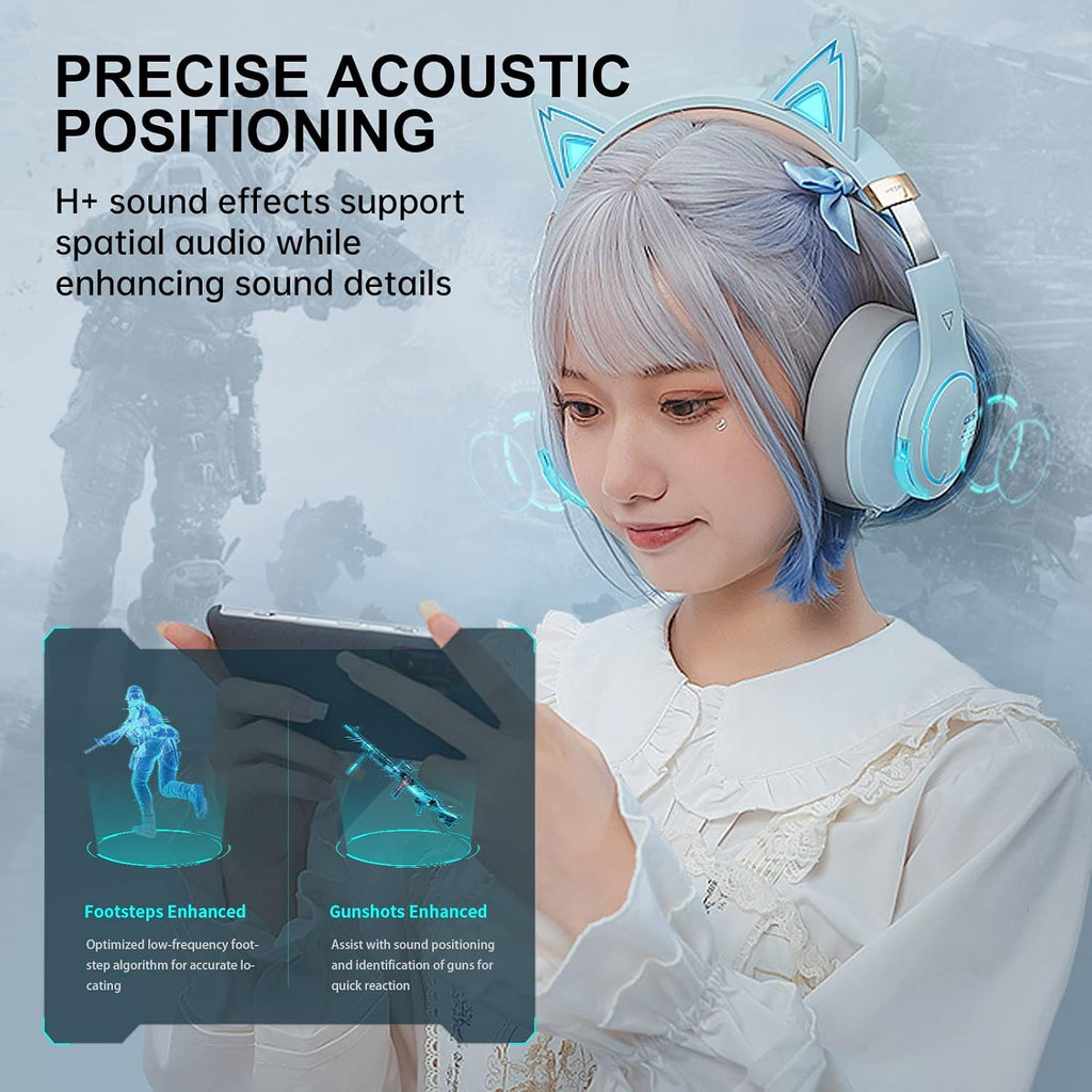 Edifier G5BT CAT Wireless Bluetooth Gaming Headset with Mic, Wired Cat Ear Headphones, Over Ear Headphones with Detachable Cat Ear, RGB Light, for PC, PS5, PS4, Nintendo Switch (Blue)