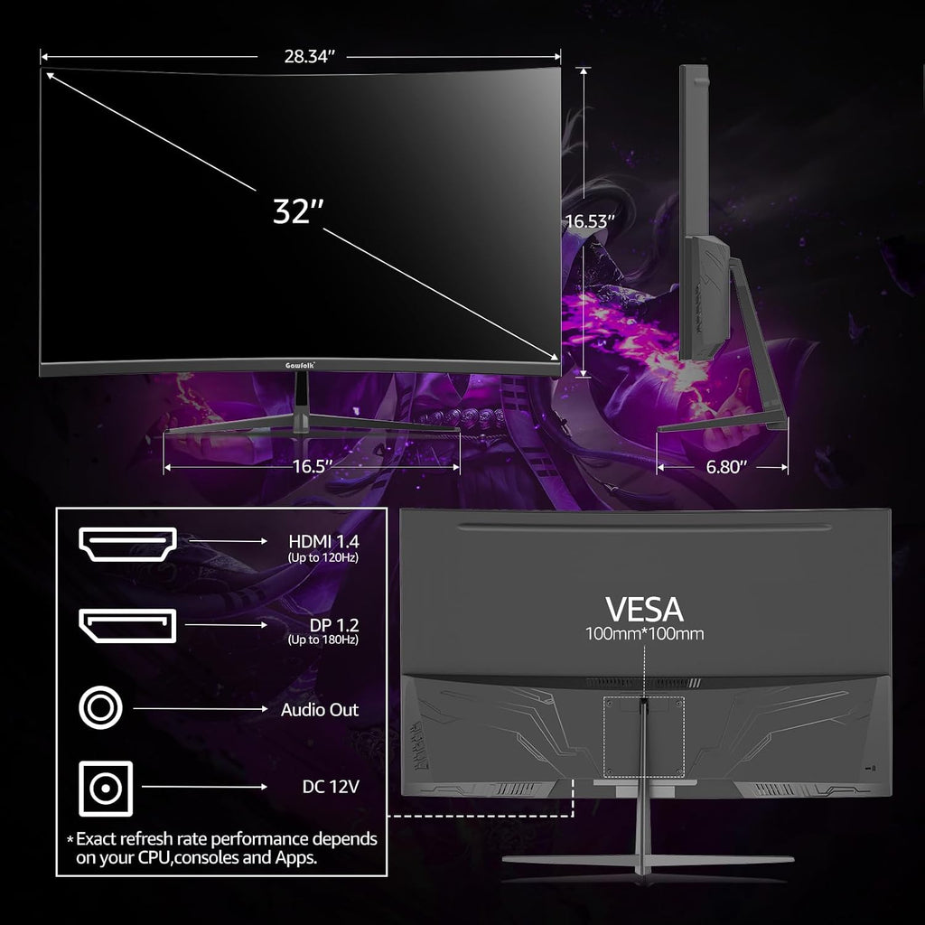 Gawfolk 32 inch Gaming Monitor 1800R Curved Computer Monitors 165HZ / 180HZ PC Monitors VA Screen for Home, Office and Dormitory, FHD 1080P Computer Monitor Support HDMI & DP