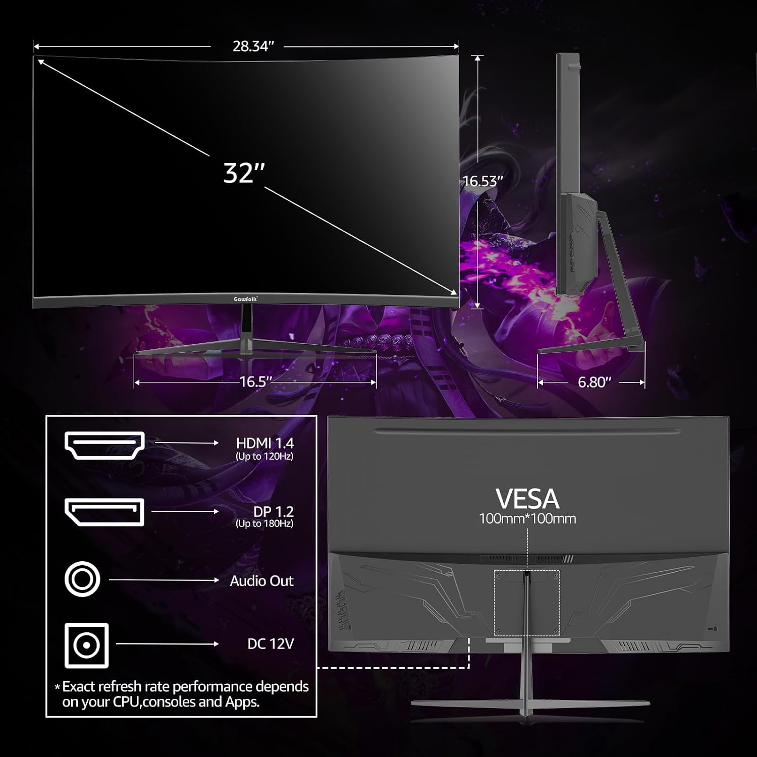 Gawfolk 32 inch Gaming Monitor 1800R Curved Computer Monitors 165HZ / 180HZ PC Monitors VA Screen for Home, Office and Dormitory, FHD 1080P Computer Monitor Support HDMI & DP