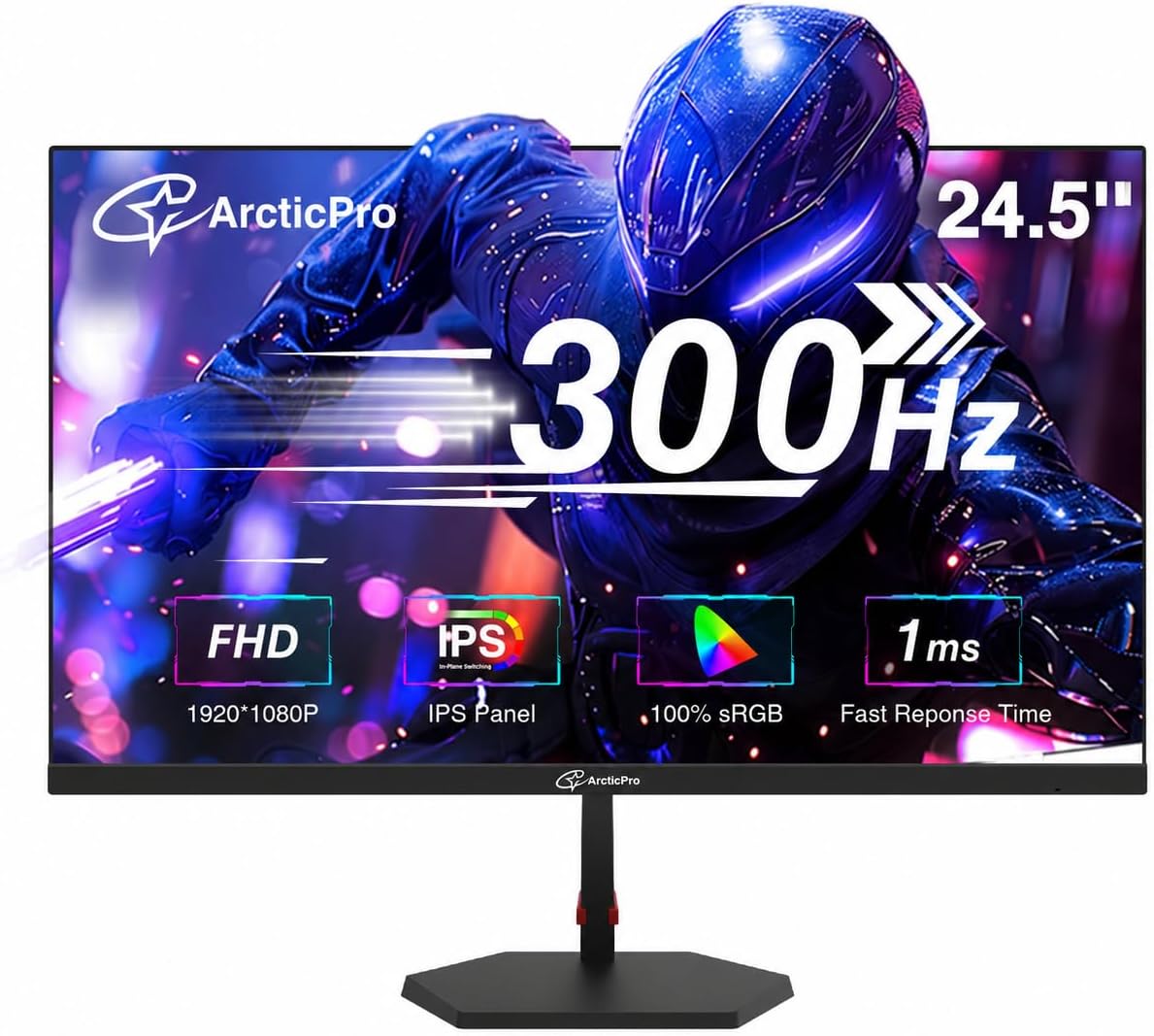 ArcticPro 24.5 inch 300Hz 240Hz Gaming Monitor, FHD 1080p, 1ms, PC Monitor Gaming, IPS, Adaptive sync, PC Monitor, NTSC 85%, sRGB 120%, Ultra Slim, DP x2, HDMI x2, VESA, with DP Cable up to 300Hz