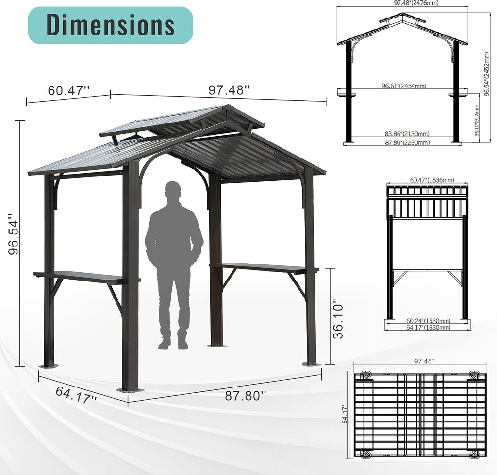 Domi 8x5FT Hardtop Grill Gazebo, Outdoor BBQ Gazebo with 2 Side Shelves and Ceiling Hook, Metal Grill Canopy with Galvanized Steel Double Roof for Patio Lawn Patio Backyard Deck, Grey