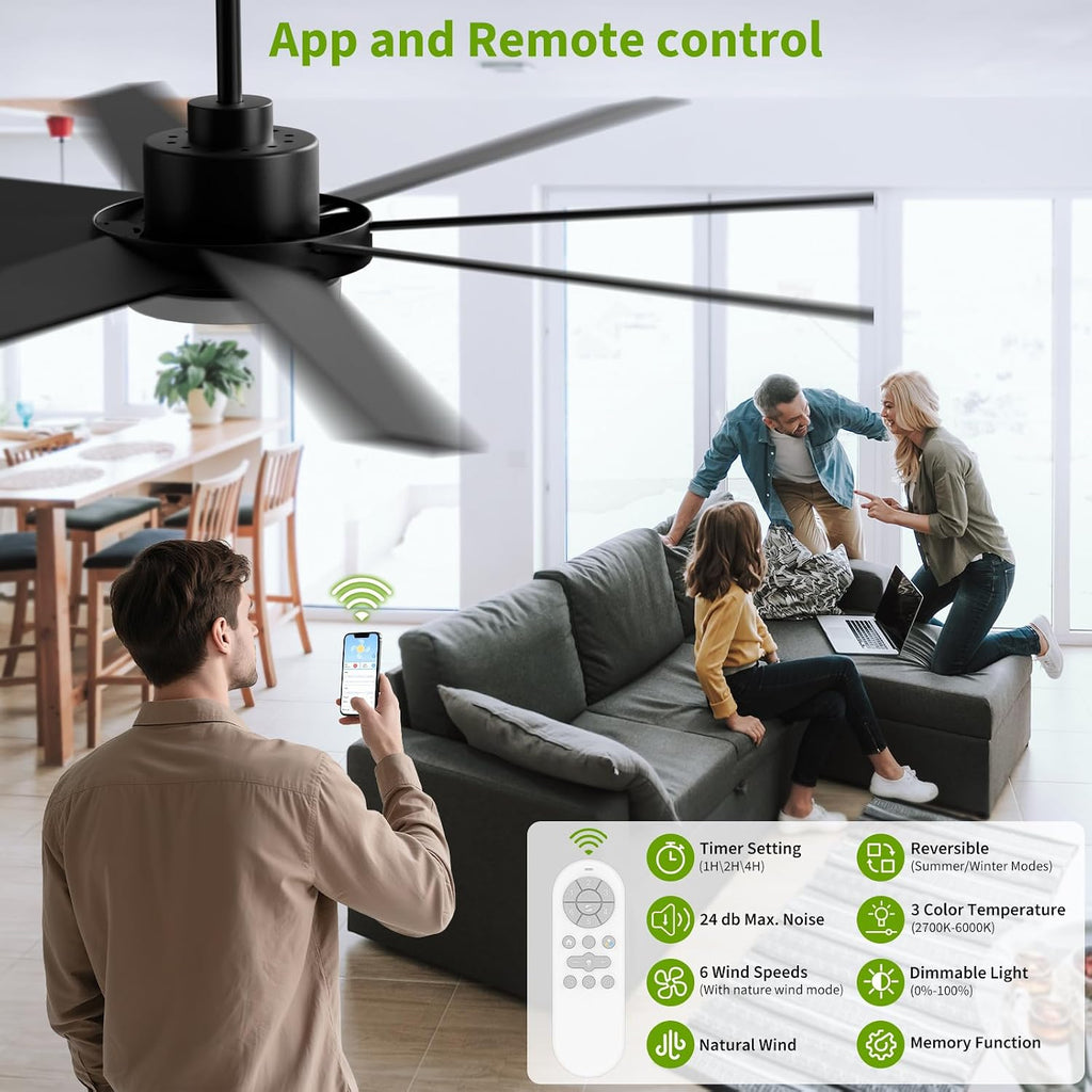 72 Inch Ceiling Fans with Lights and Remote APP Control, Outdoor Indoor Black LED Big Ceiling Fan Reversible 24db Quiet, 6 Speed 3CCT Dimmable,Modern Ceiling Fan for Patio Living Room Farmhouse Garage