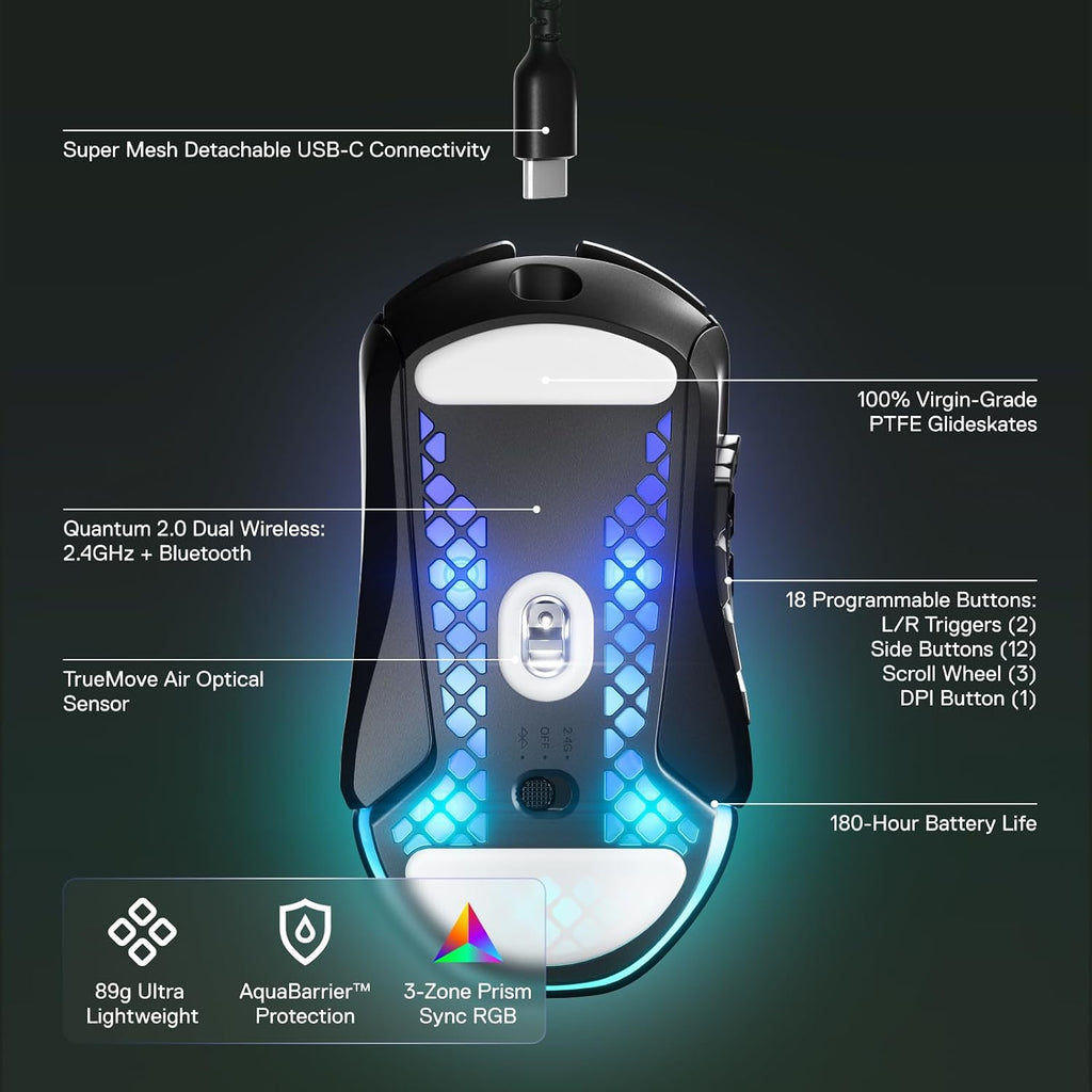 SteelSeries Aerox 9 Wireless - Holey RGB Gaming Mouse - Ultra-lightweight Water Resistant Design - 18 Buttons – Bluetooth/2.4 GHz - 18K DPI TrueMove Air Optical Sensor