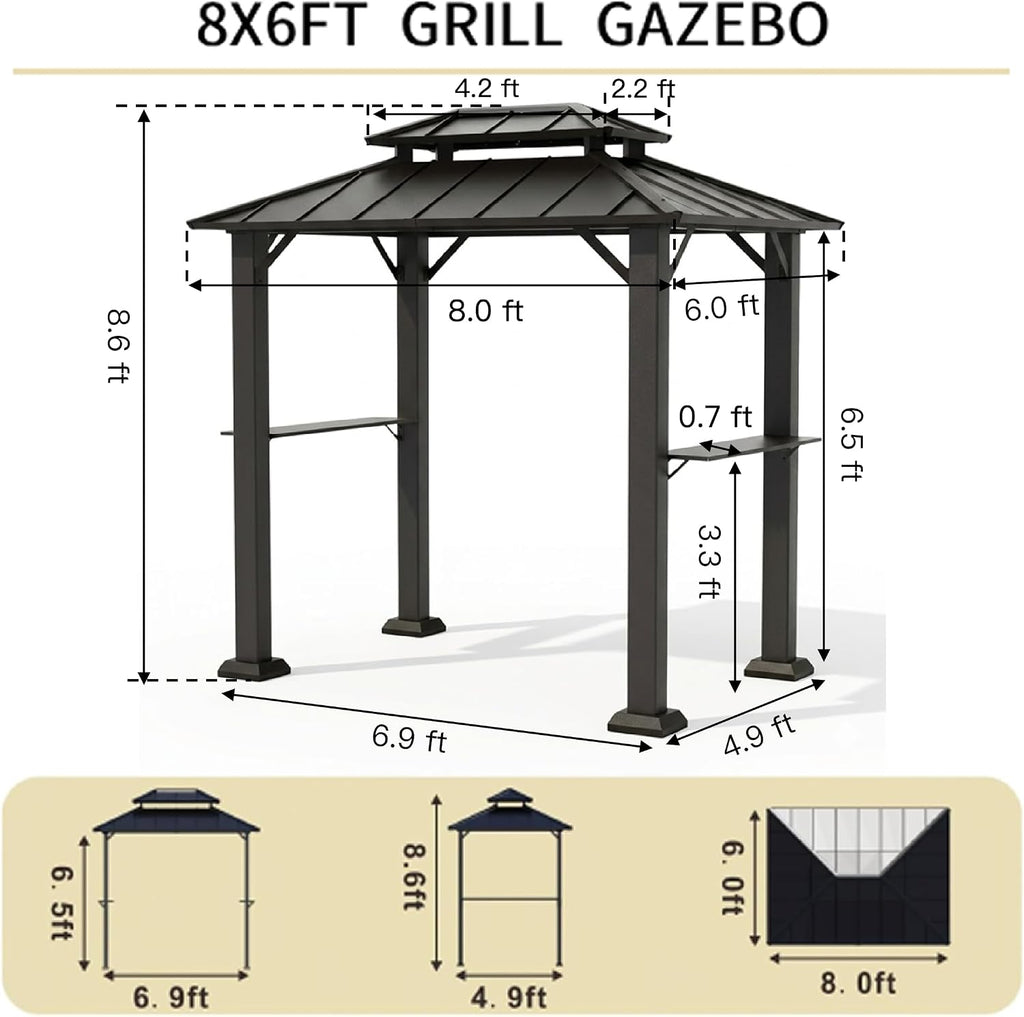 Grill Gazebo,Outdoor Hardtop Gazebo with Galvanized Steel Double Roof BBQ Grill Canopy with Aluminum Frame, 2 Side Shelves for Patio, Backyard, Deck,Lawn 8'x6'