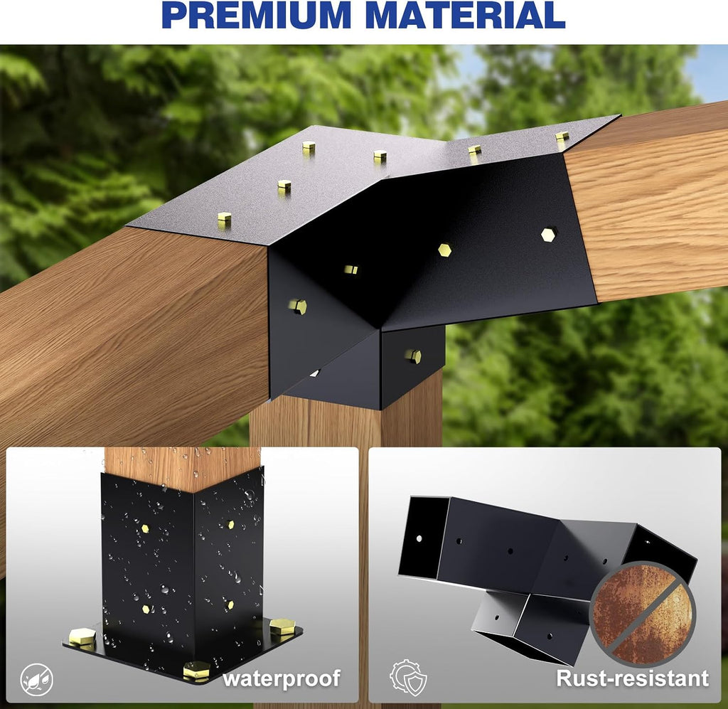 Pergola Kit, Slanted Roof Pergola Bracket, 3-Way Brackets with Post Base Kit, Log Cabin Outdoor 4'x 4' (Actual 3.5' X 3.5') Lumber