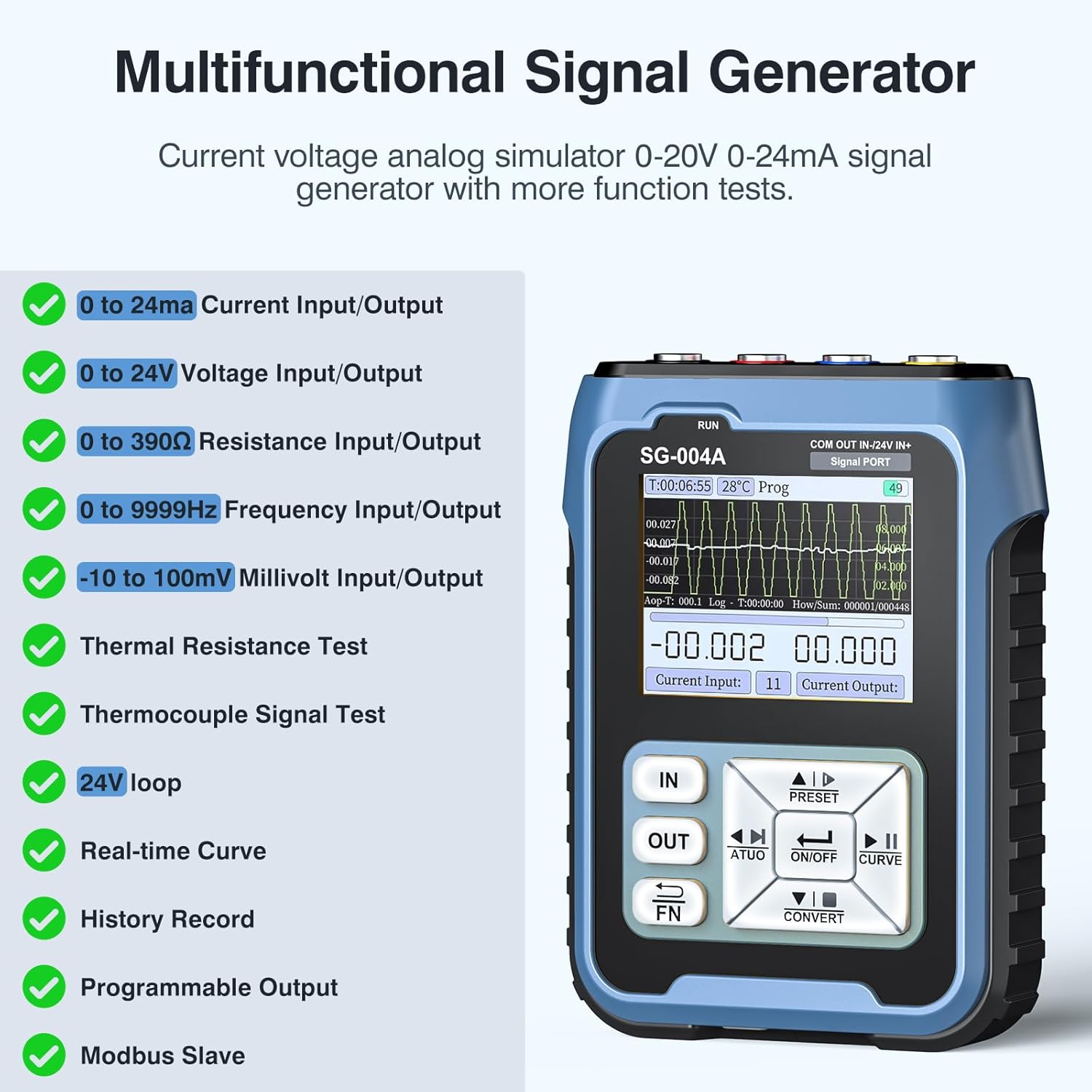 Riiai SG004A 4-20ma 0-24V Signal Generator, Programmable Current Voltage Generator, Resistance Millivolt Thermocouple Tester, Real-time Curve, 3000mAh USB Rechargeable, for PLC Simulator