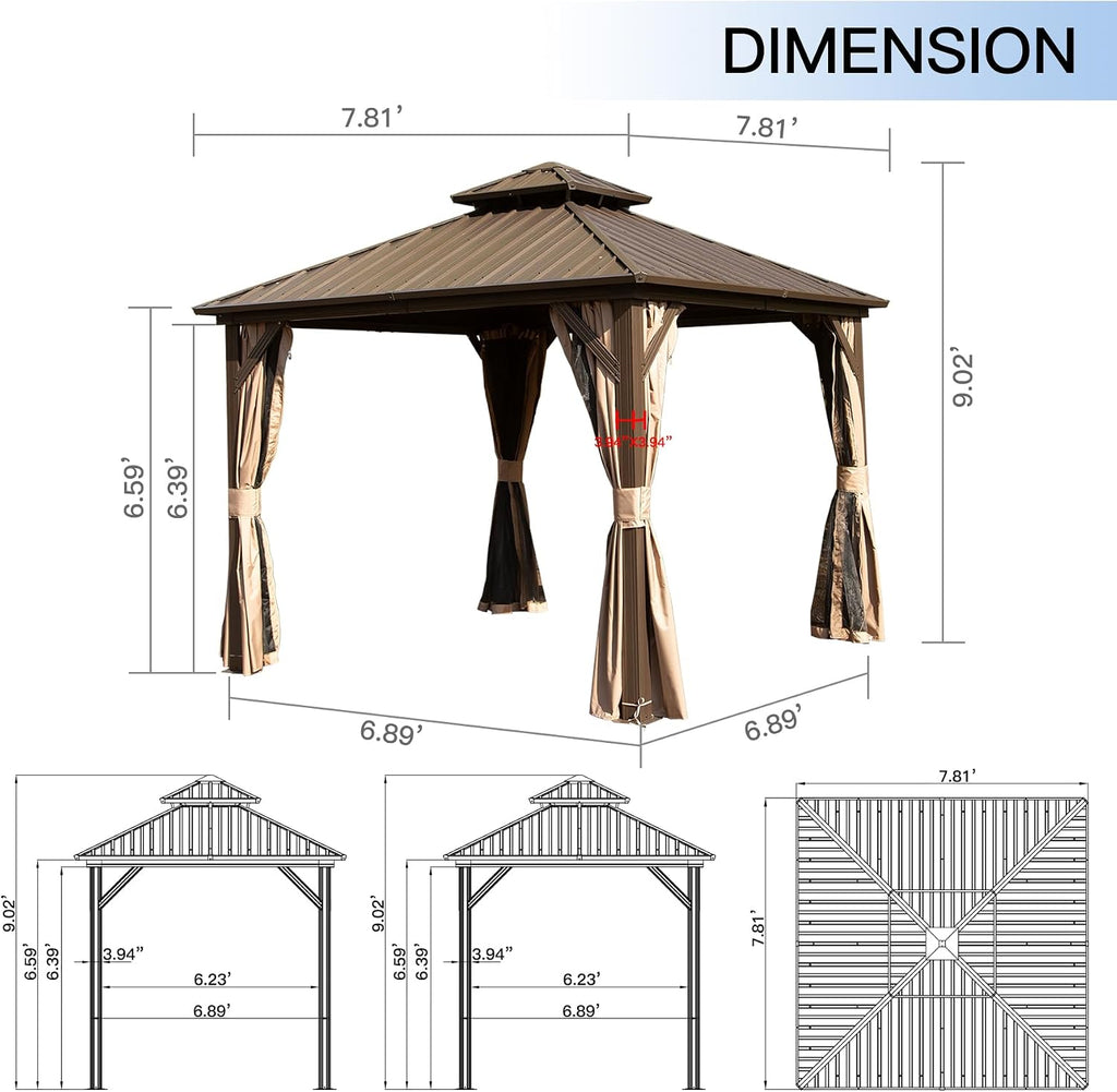 Domi 8x8FT Outdoor Gazebo, Patio Gazebo with Galvanized Steel, Hardtop Gazbo for Patio, Deck, Backyard, Curtain and Netting Included