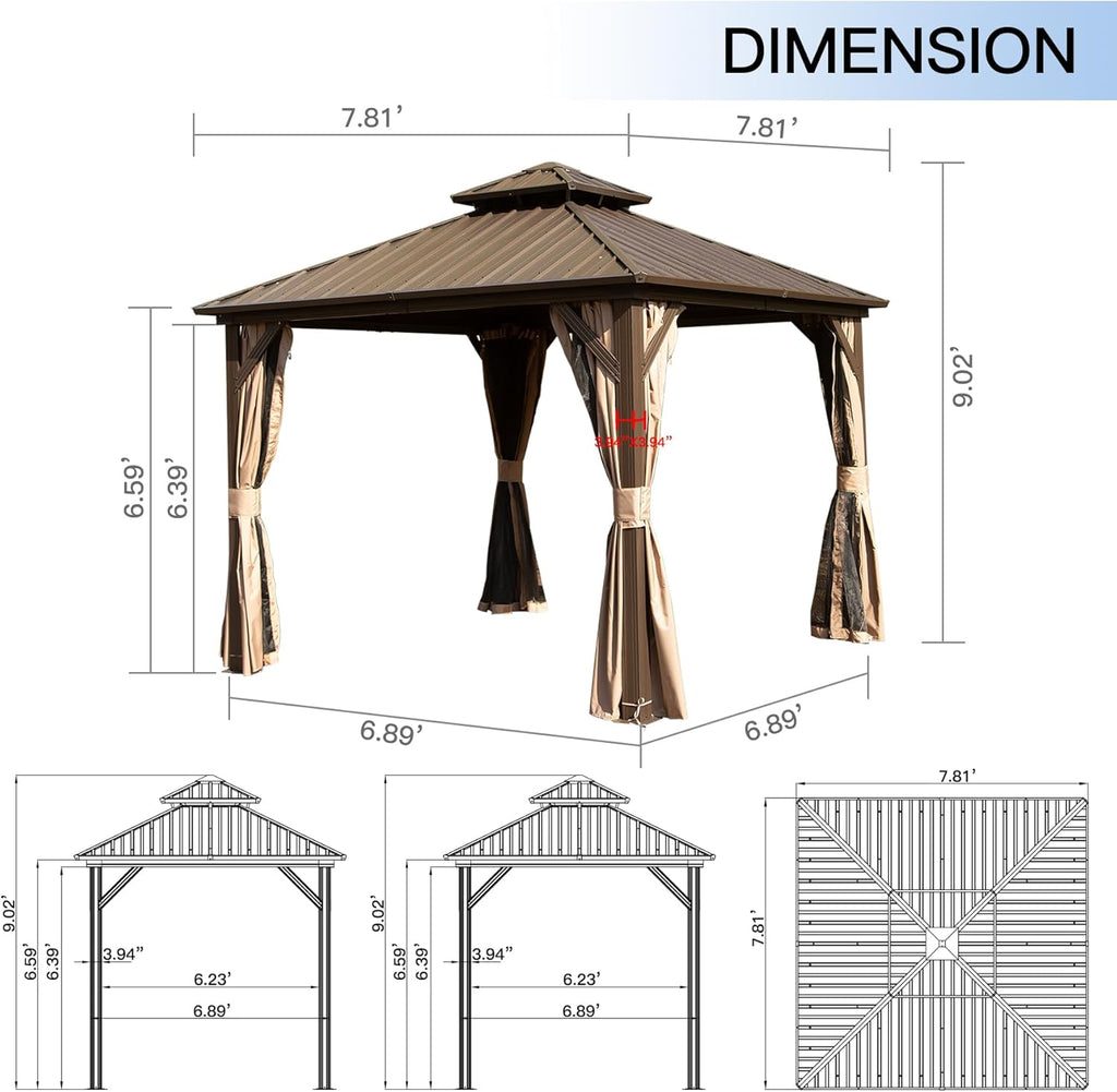 Domi 8x8FT Outdoor Gazebo, Patio Gazebo with Galvanized Steel, Hardtop Gazbo for Patio, Deck, Backyard, Curtain and Netting Included