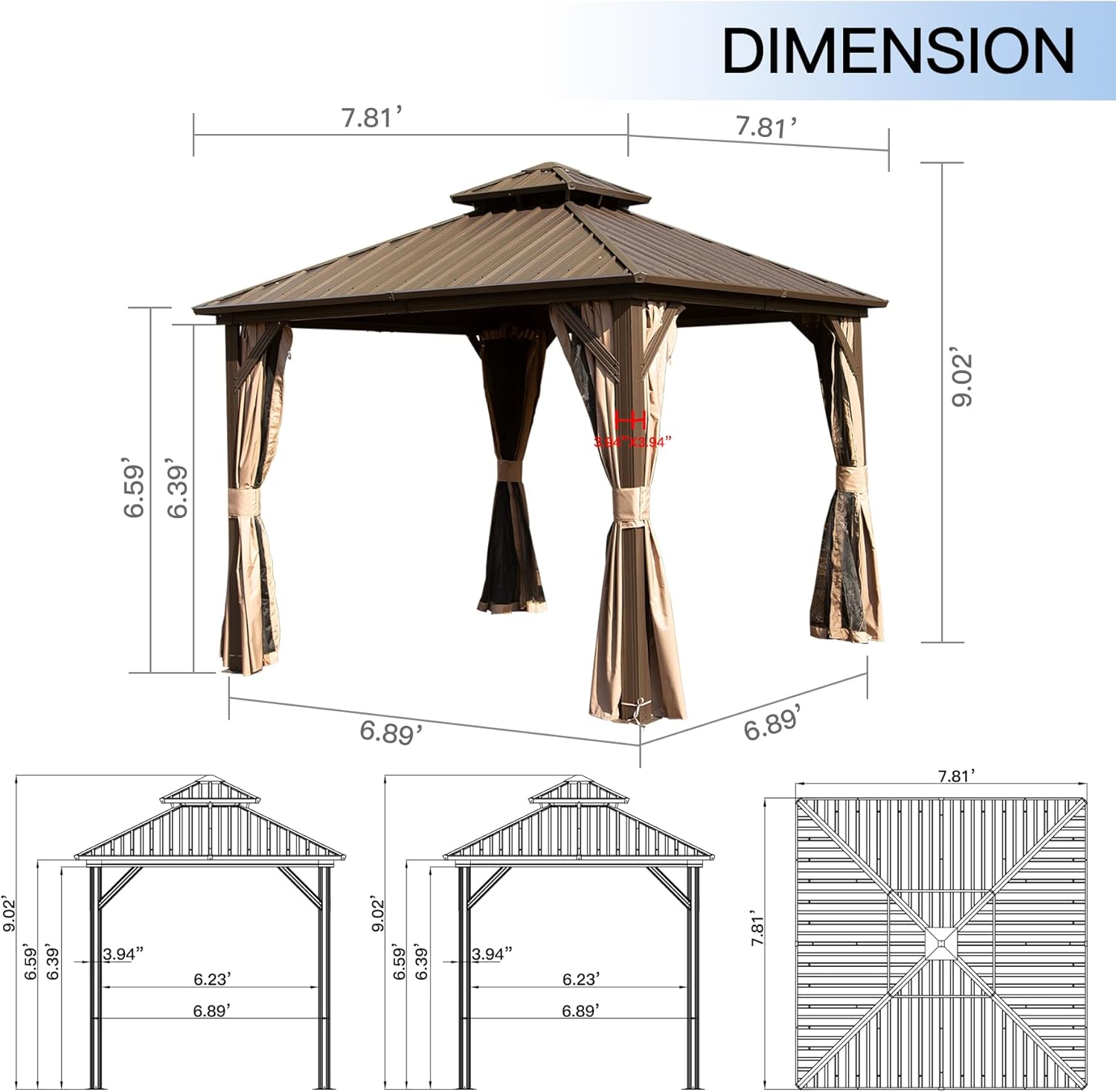Domi 8x8FT Outdoor Gazebo, Patio Gazebo with Galvanized Steel, Hardtop Gazbo for Patio, Deck, Backyard, Curtain and Netting Included