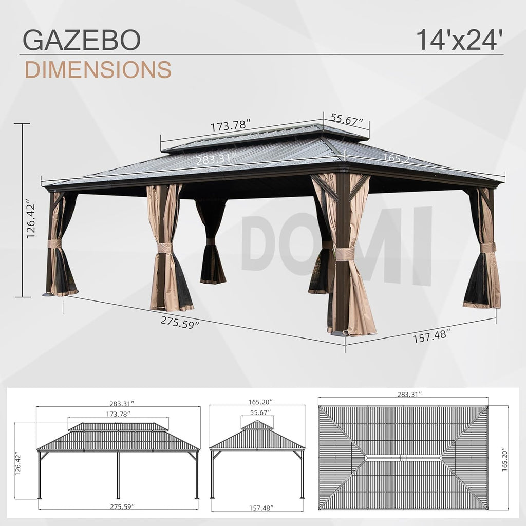 Domi 14x24FT Outdoor Gazebo, Hardtop Gazebo with Galvanized Steel Double Roof, Metal Gazebos with Drainage System for Patio Deck Backyard,Curtain and Netting,Brown